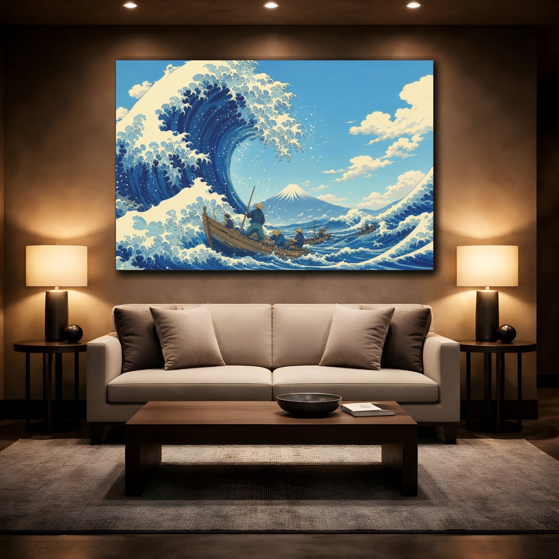 Mockup 2. Flat-Vector Japanese Editorial Art Towering Storm Wave Curling Around Small Fishing Boats Beneath A Clear Sky shown as canvas print