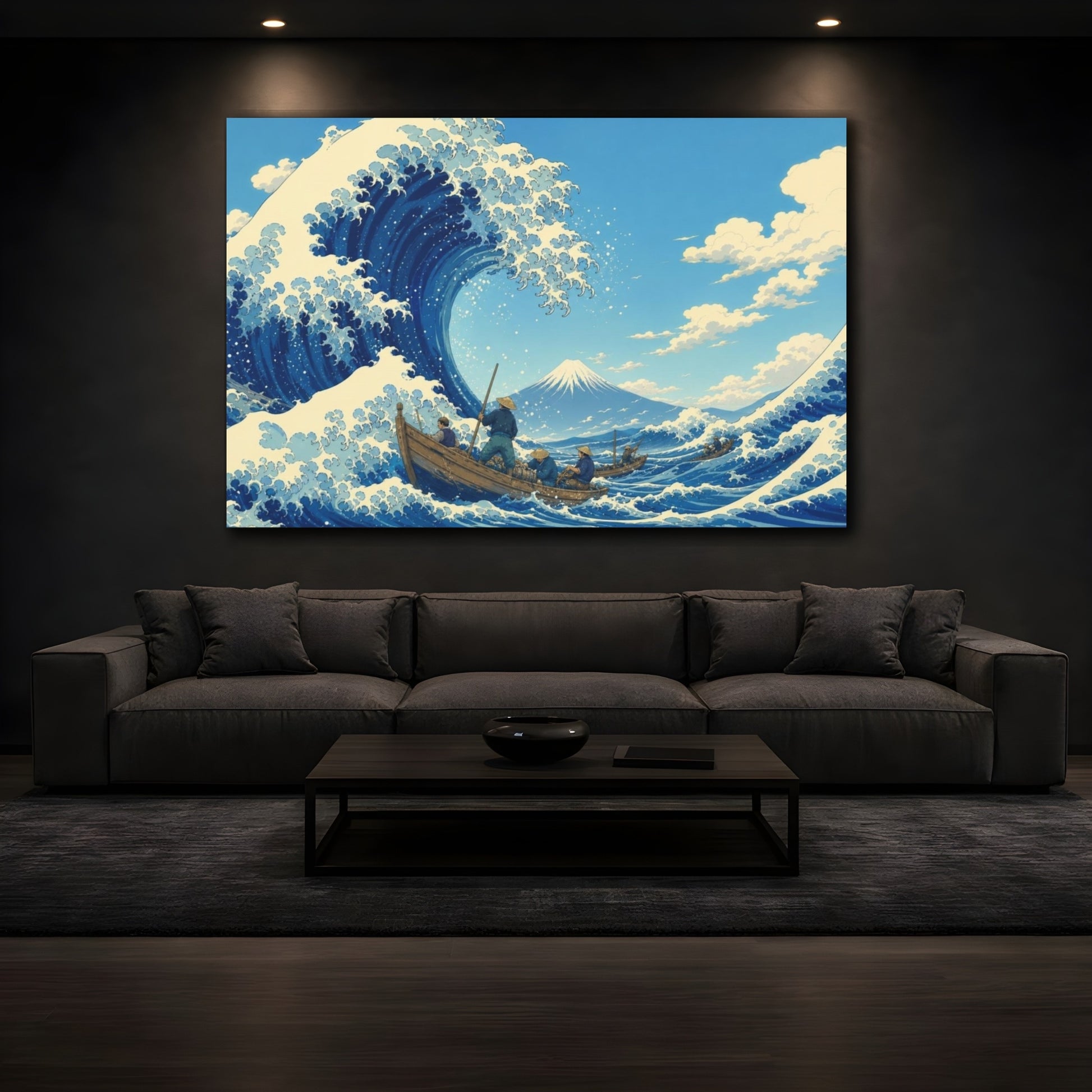 Mockup 3. Flat-Vector Japanese Editorial Art Towering Storm Wave Curling Around Small Fishing Boats Beneath A Clear Sky shown as canvas print