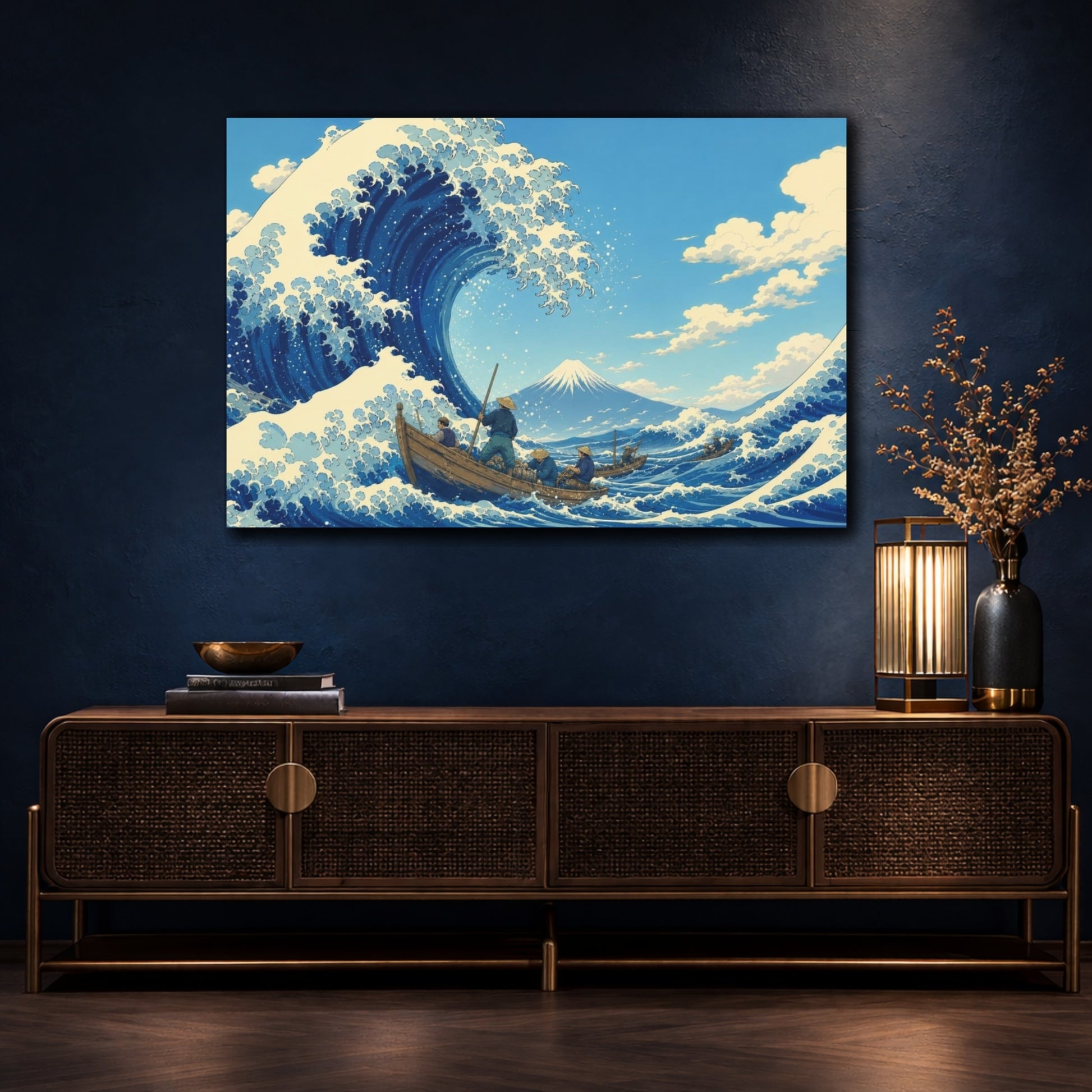 Mockup 4. Flat-Vector Japanese Editorial Art Towering Storm Wave Curling Around Small Fishing Boats Beneath A Clear Sky shown as canvas print