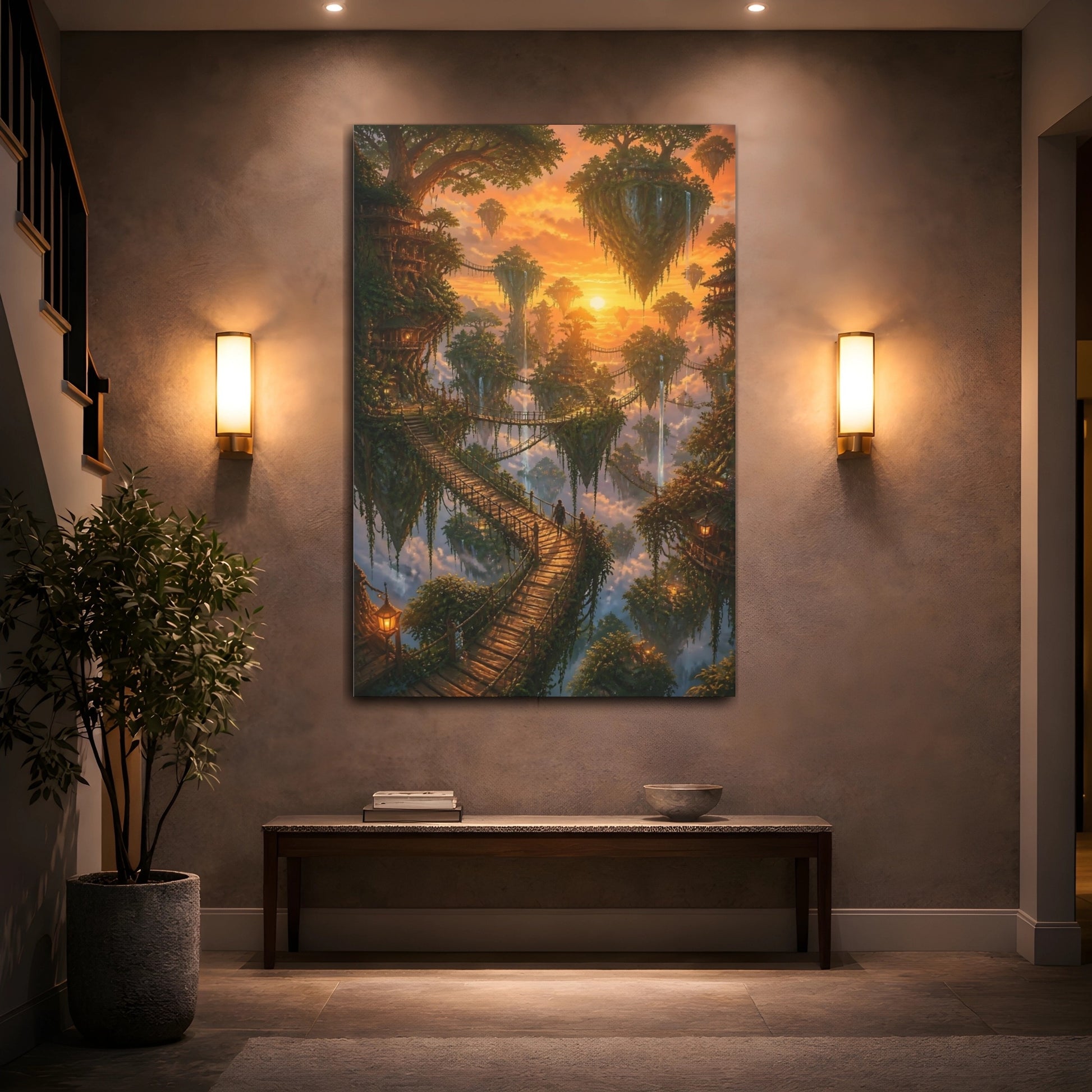 Mockup 2. Floating Islands Sunset Path shown as canvas print