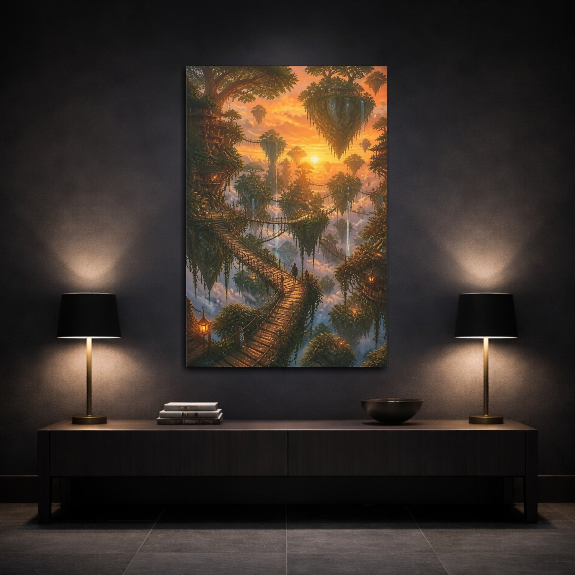Mockup 3. Floating Islands Sunset Path shown as canvas print
