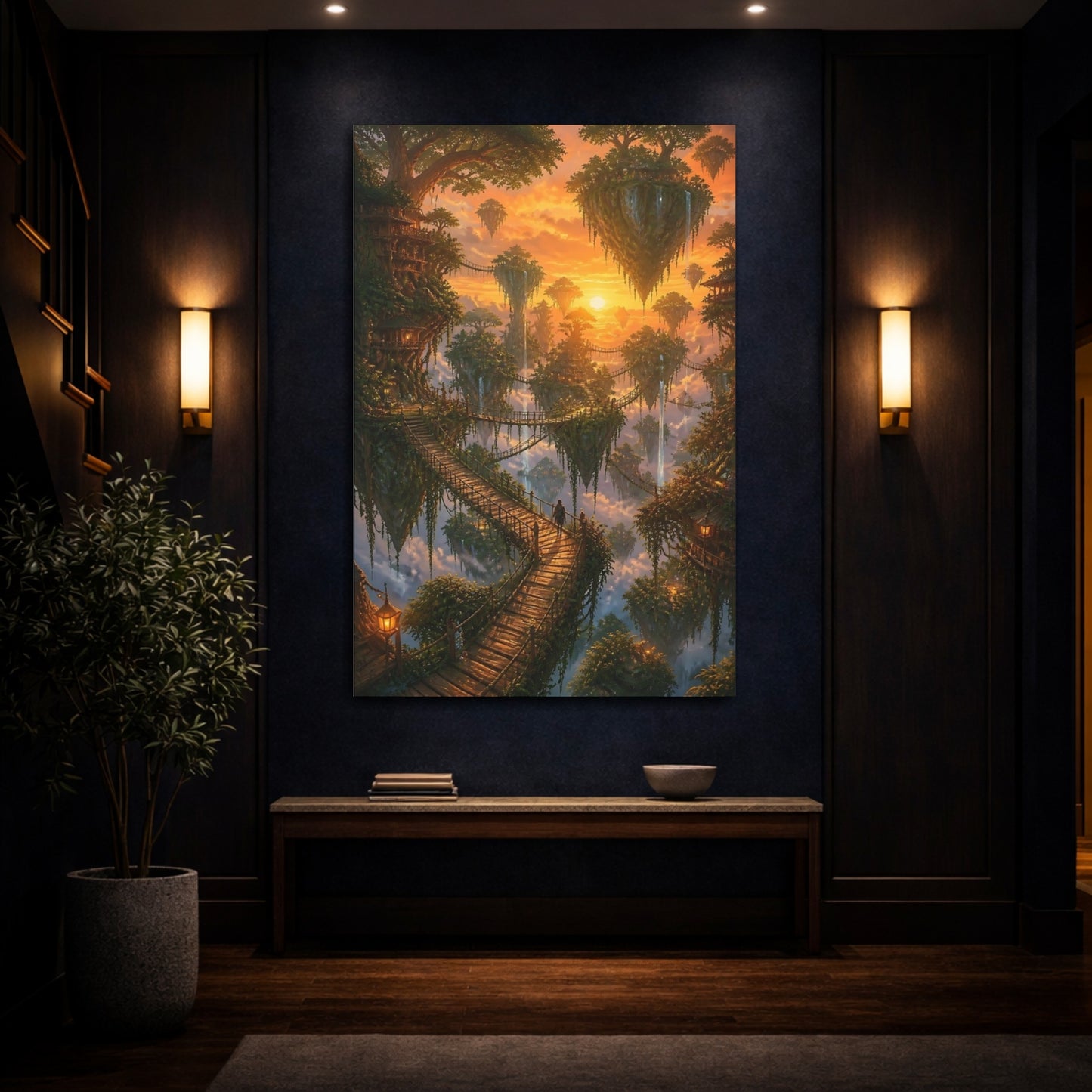 Mockup 4. Floating Islands Sunset Path shown as canvas print