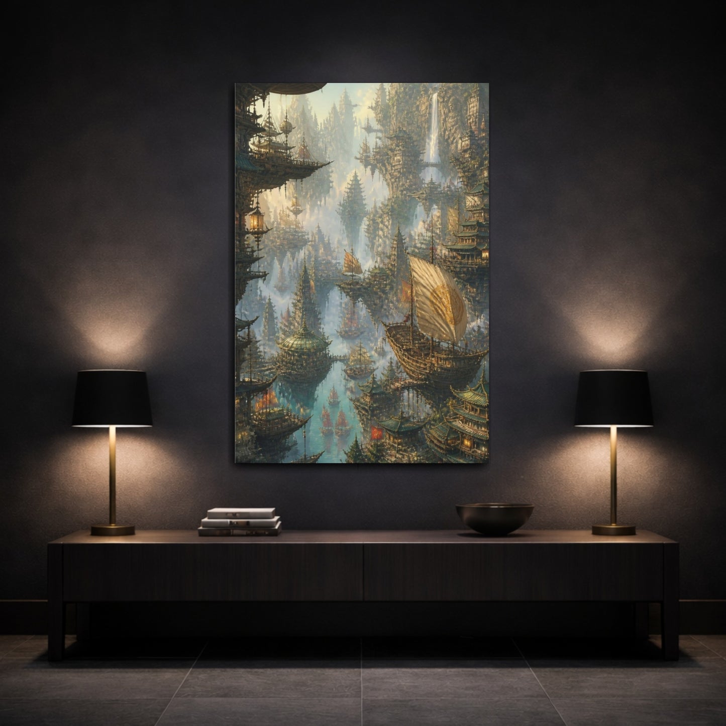 Mockup 3. Floating Pagoda Harbor shown as canvas print