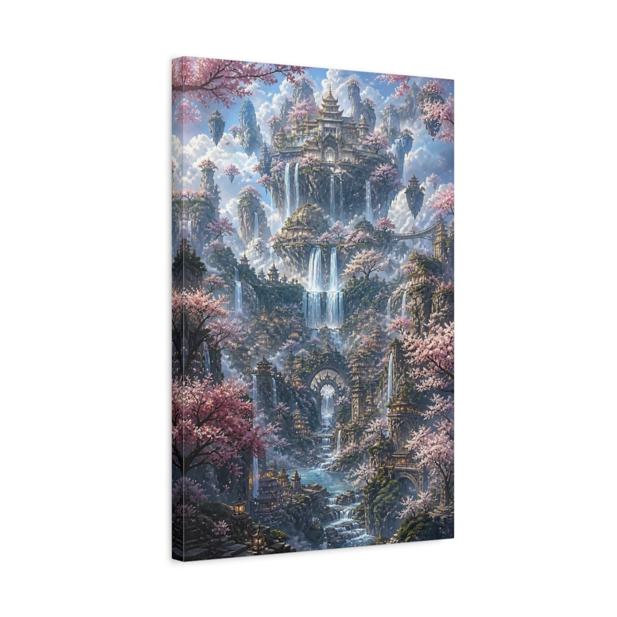 Side Mockup 3. Floating Palace With Cherry Blossoms shown as canvas print