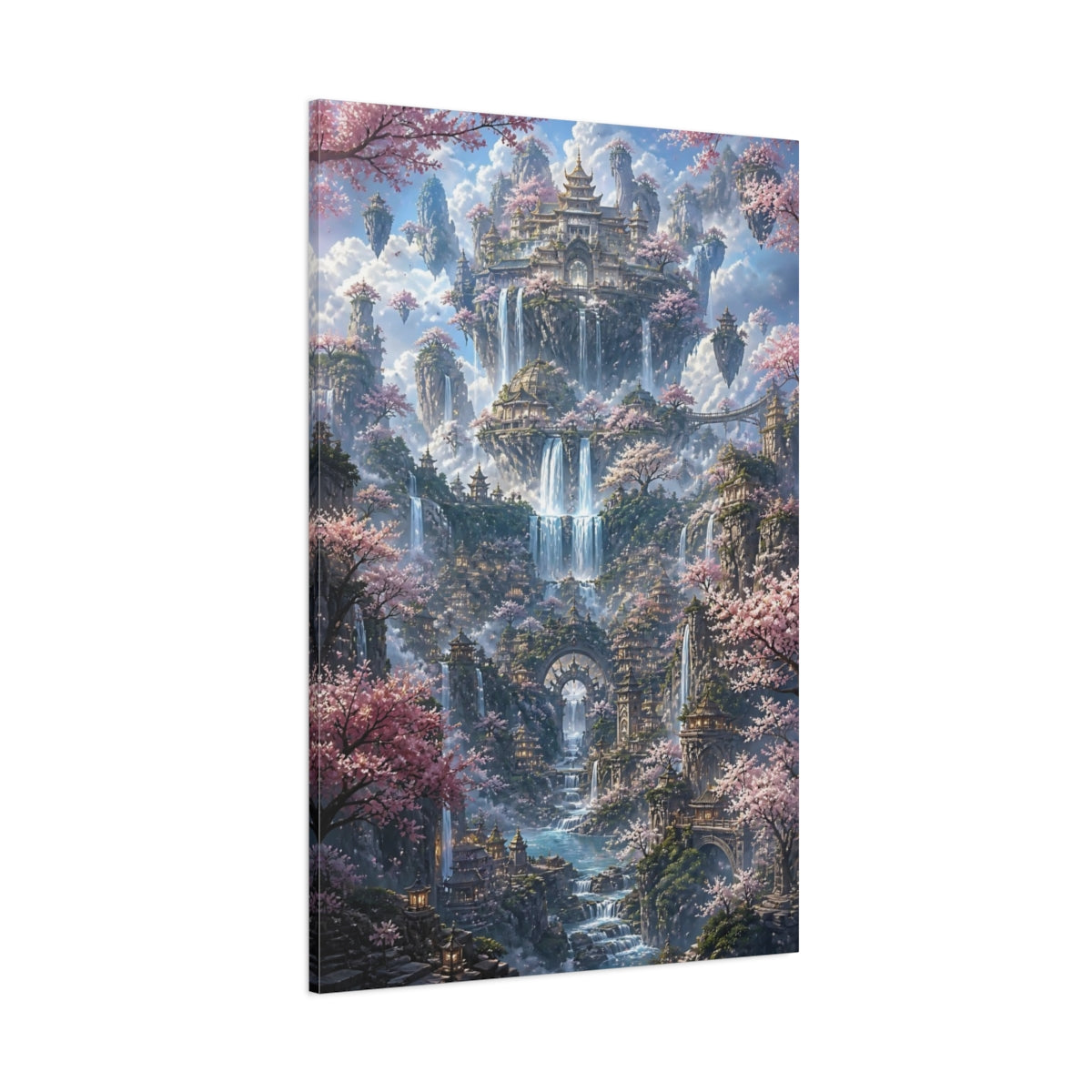 Side Mockup 1. Floating Palace With Cherry Blossoms shown as canvas print