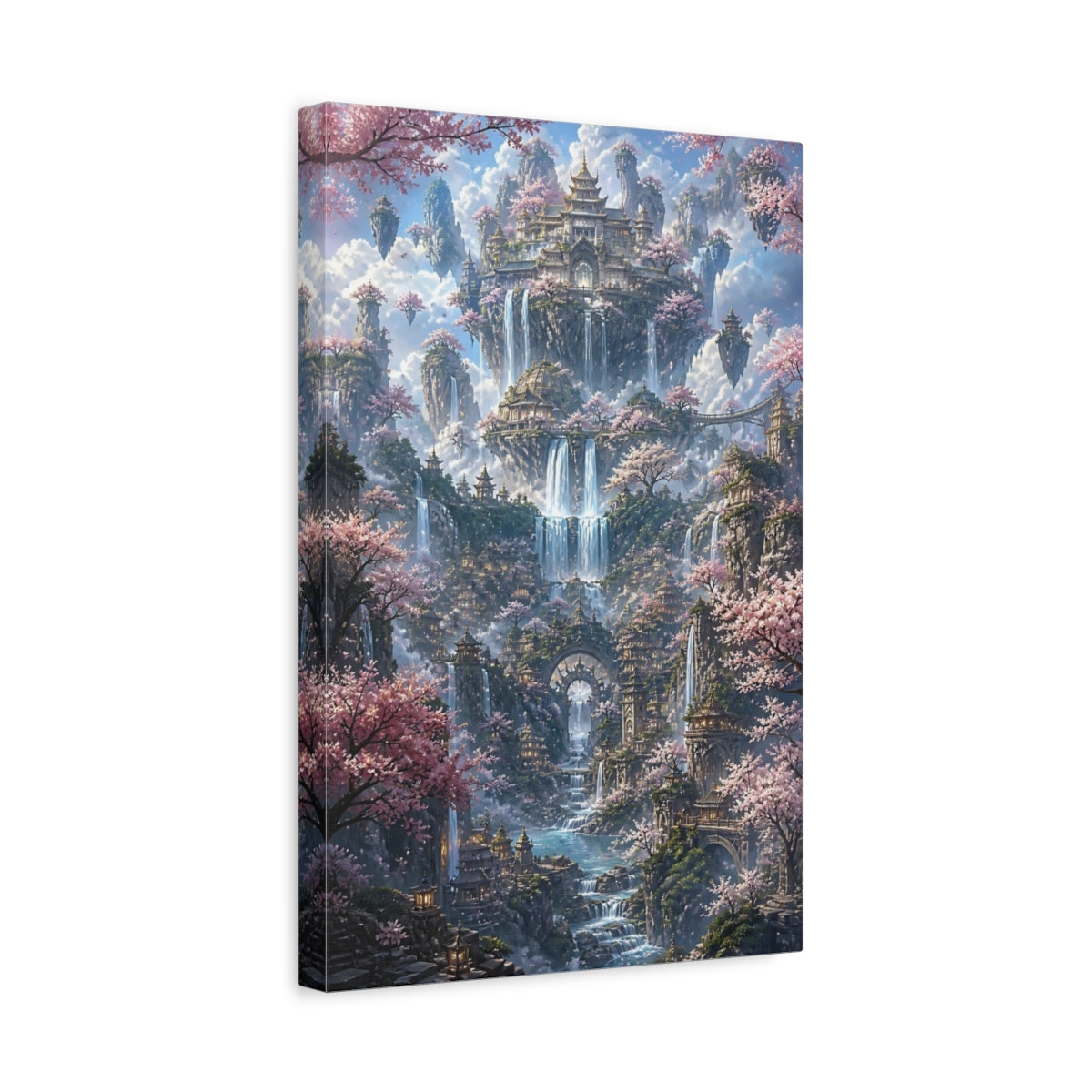 Side Mockup 4. Floating Palace With Cherry Blossoms shown as canvas print