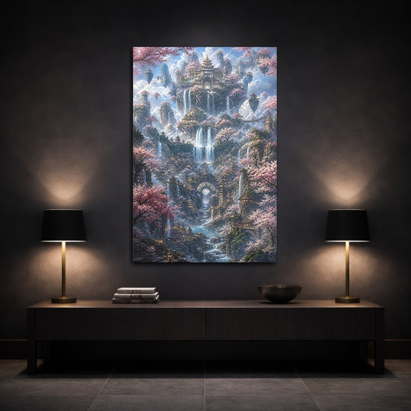 Mockup 3. Floating Palace With Cherry Blossoms shown as canvas print