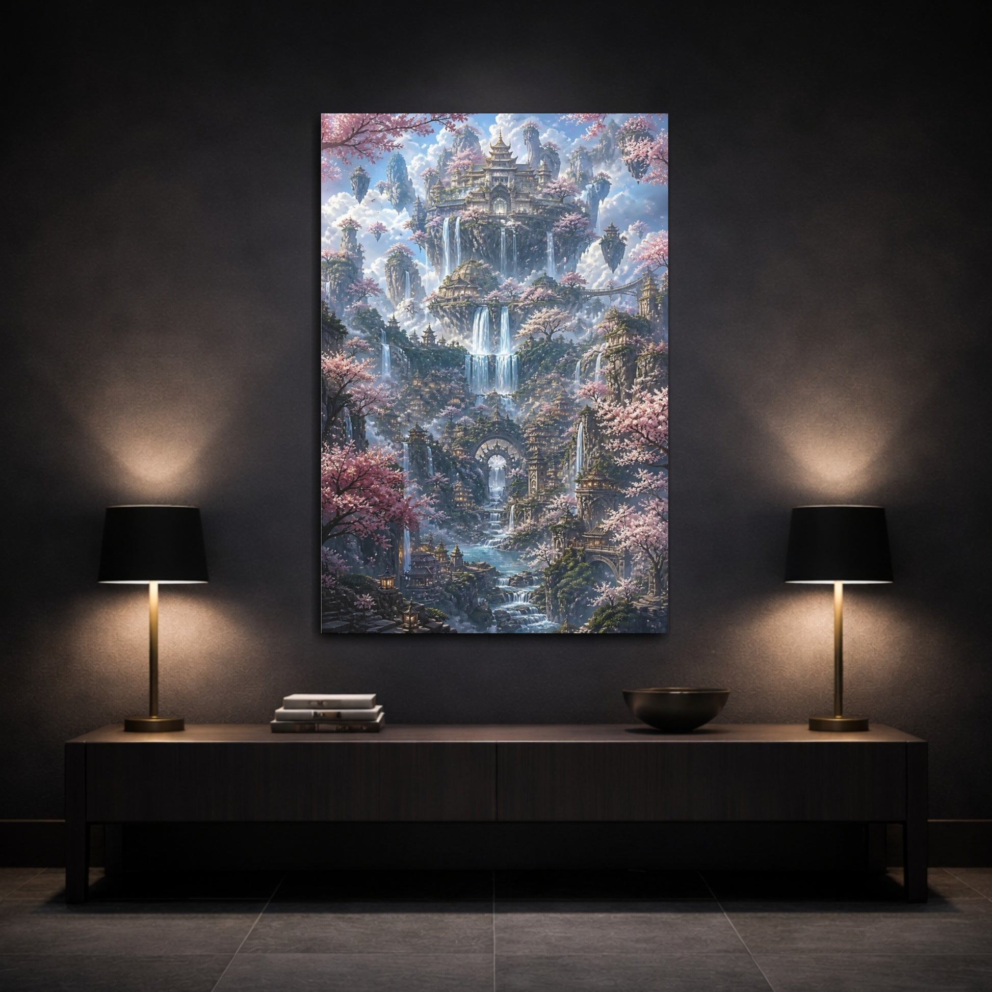 Mockup 3. Floating Palace With Cherry Blossoms shown as canvas print
