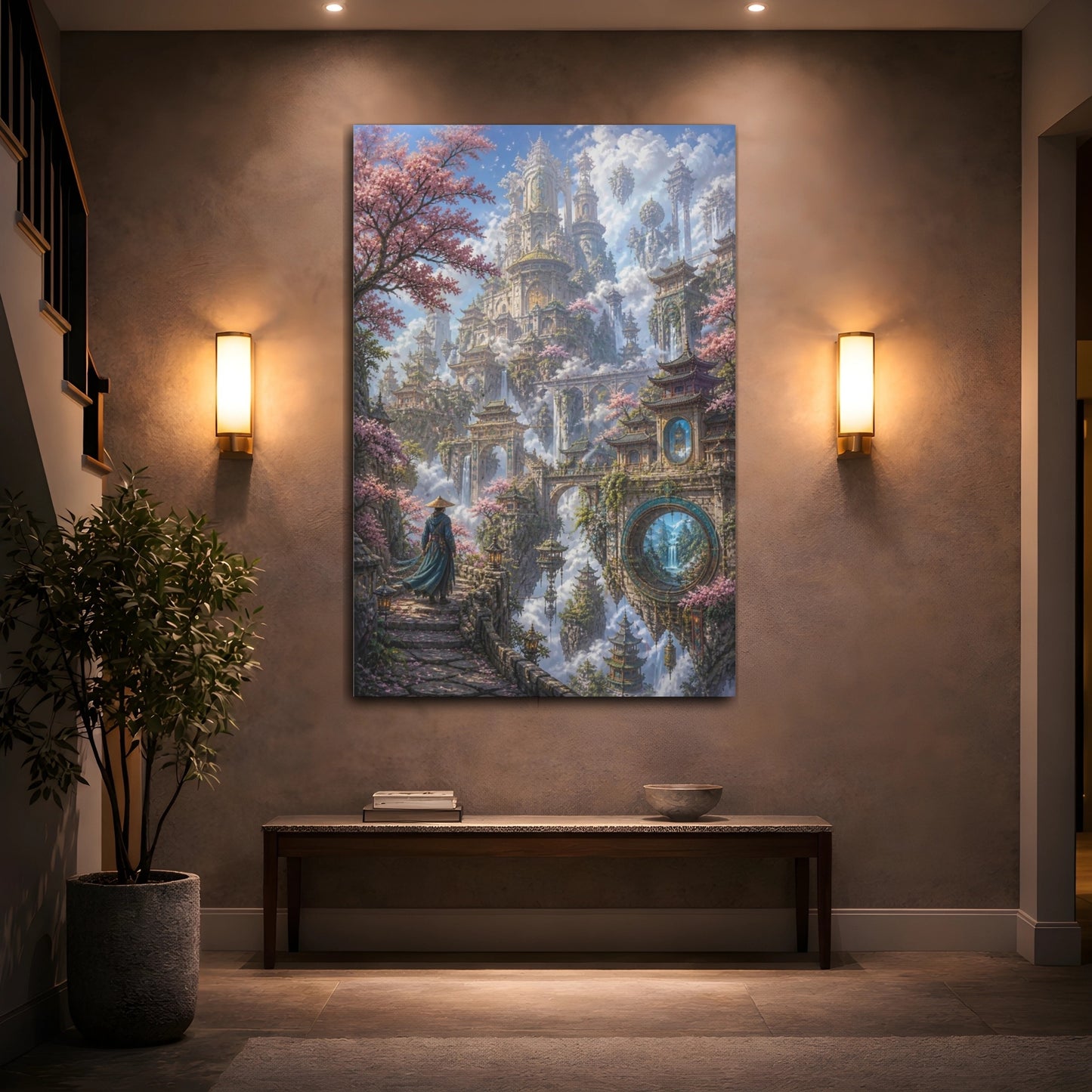 Mockup 2. Floating Sky City Oasis shown as canvas print
