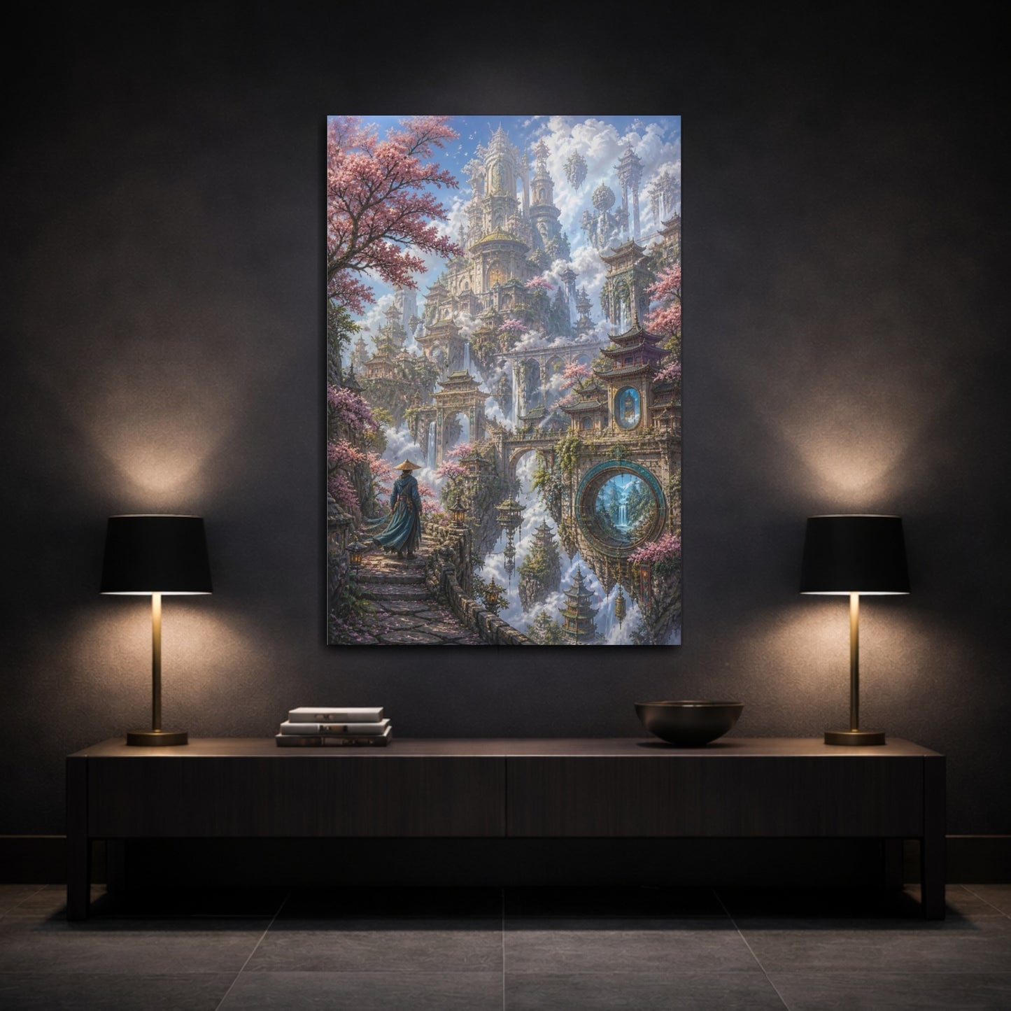 Mockup 3. Floating Sky City Oasis shown as canvas print