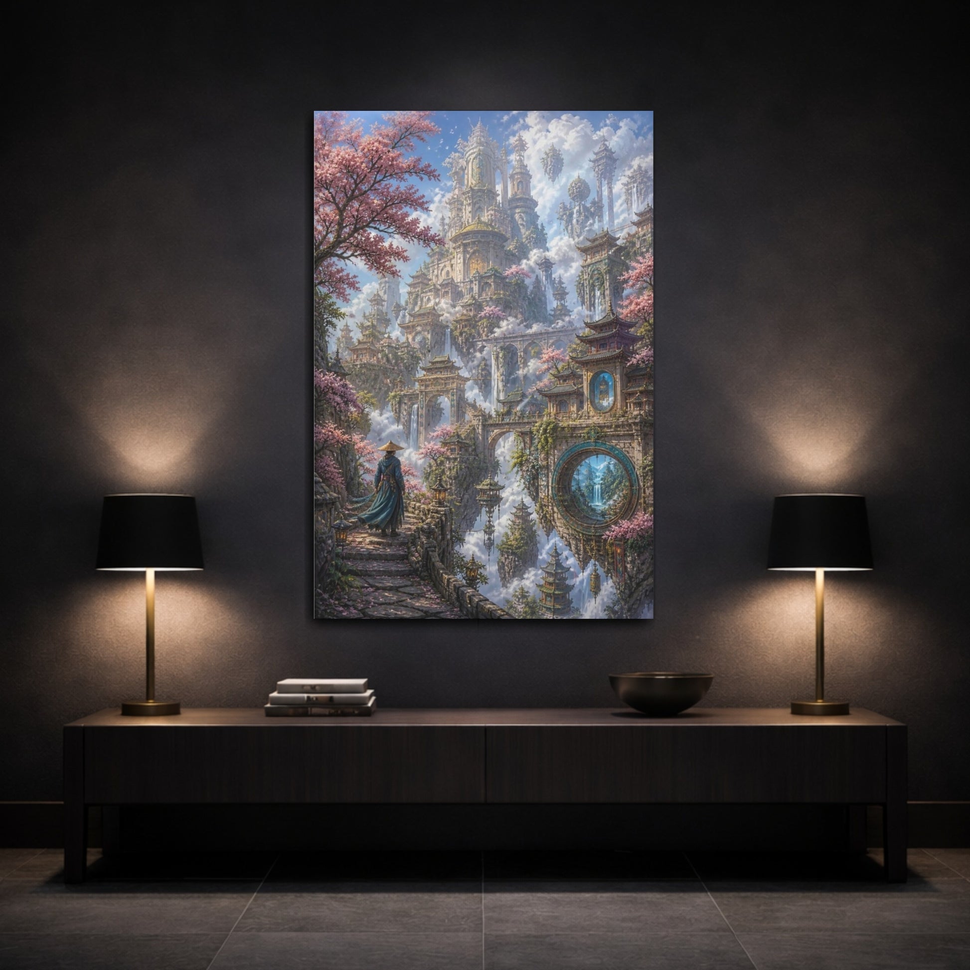 Mockup 3. Floating Sky City Oasis shown as canvas print