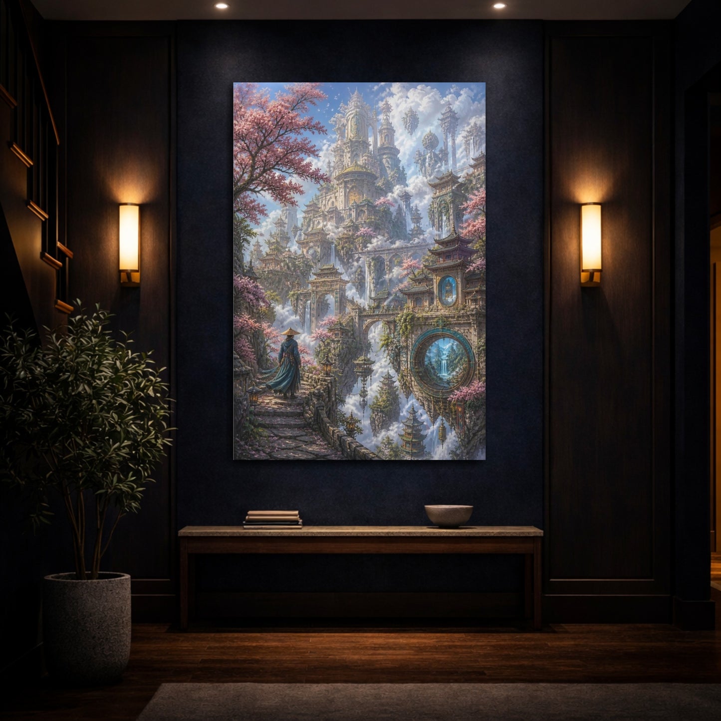 Mockup 4. Floating Sky City Oasis shown as canvas print