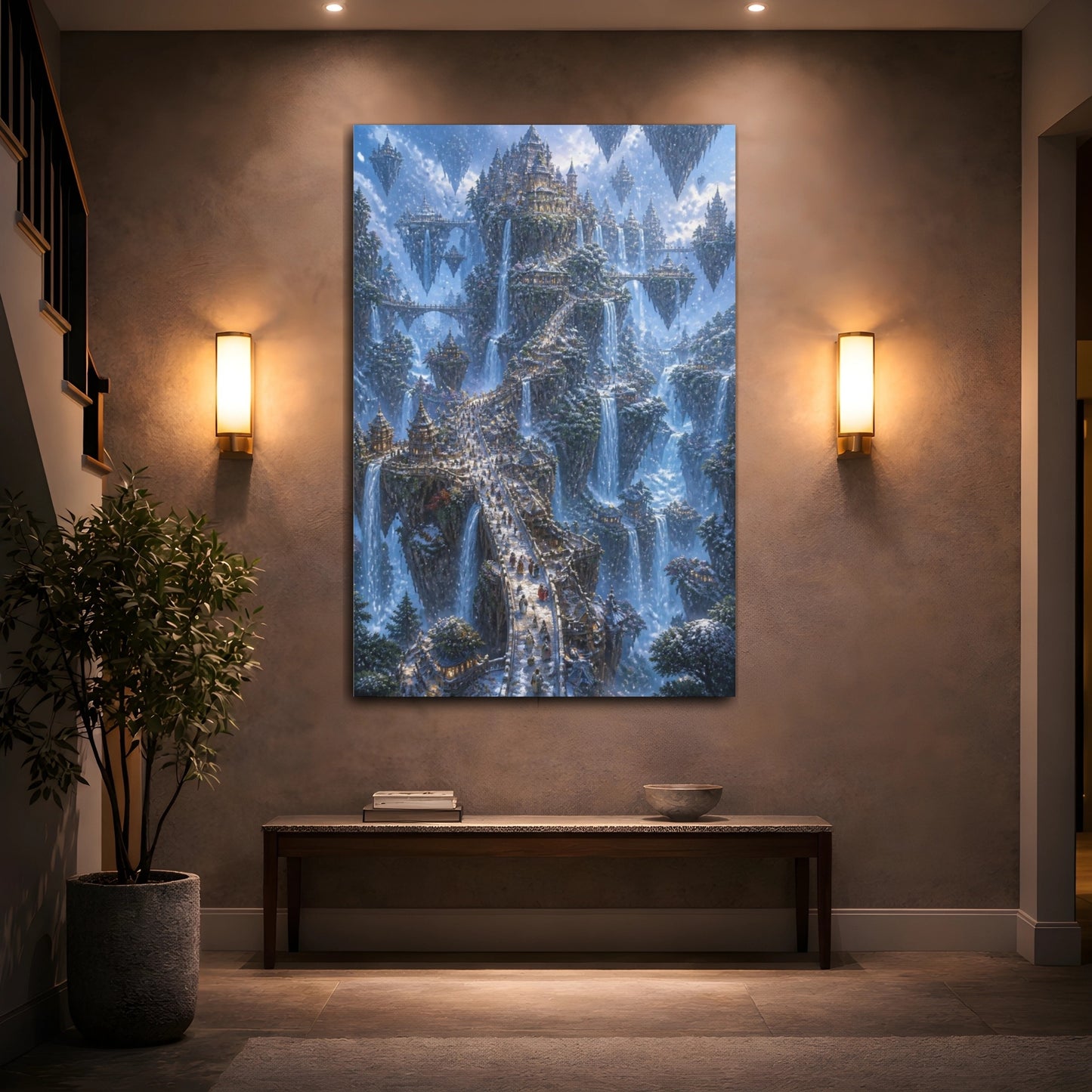 Mockup 2. Floating Waterfall City shown as canvas print