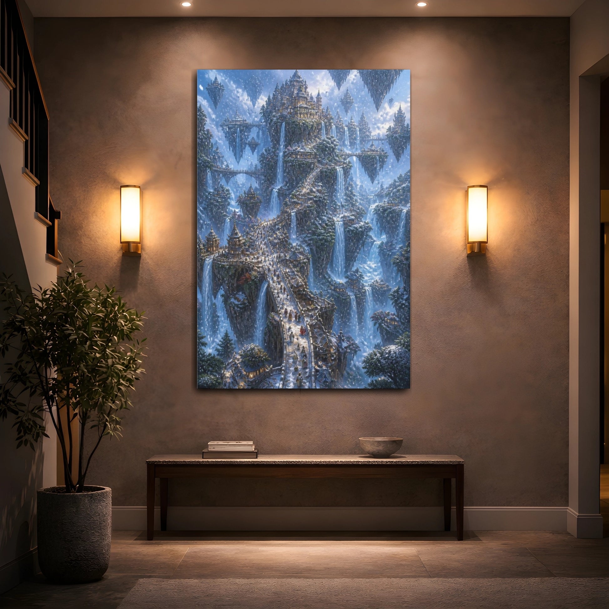 Mockup 2. Floating Waterfall City shown as canvas print