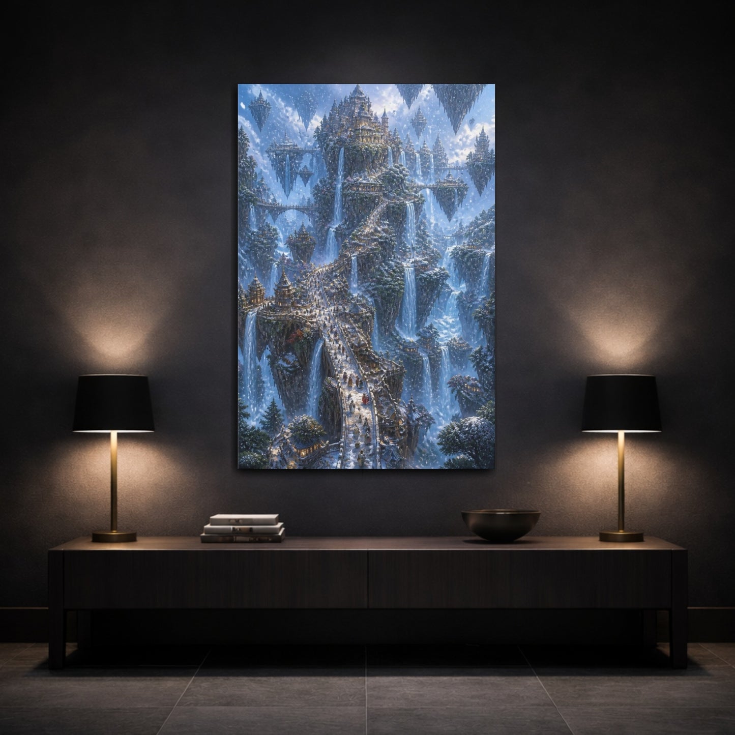 Mockup 3. Floating Waterfall City shown as canvas print