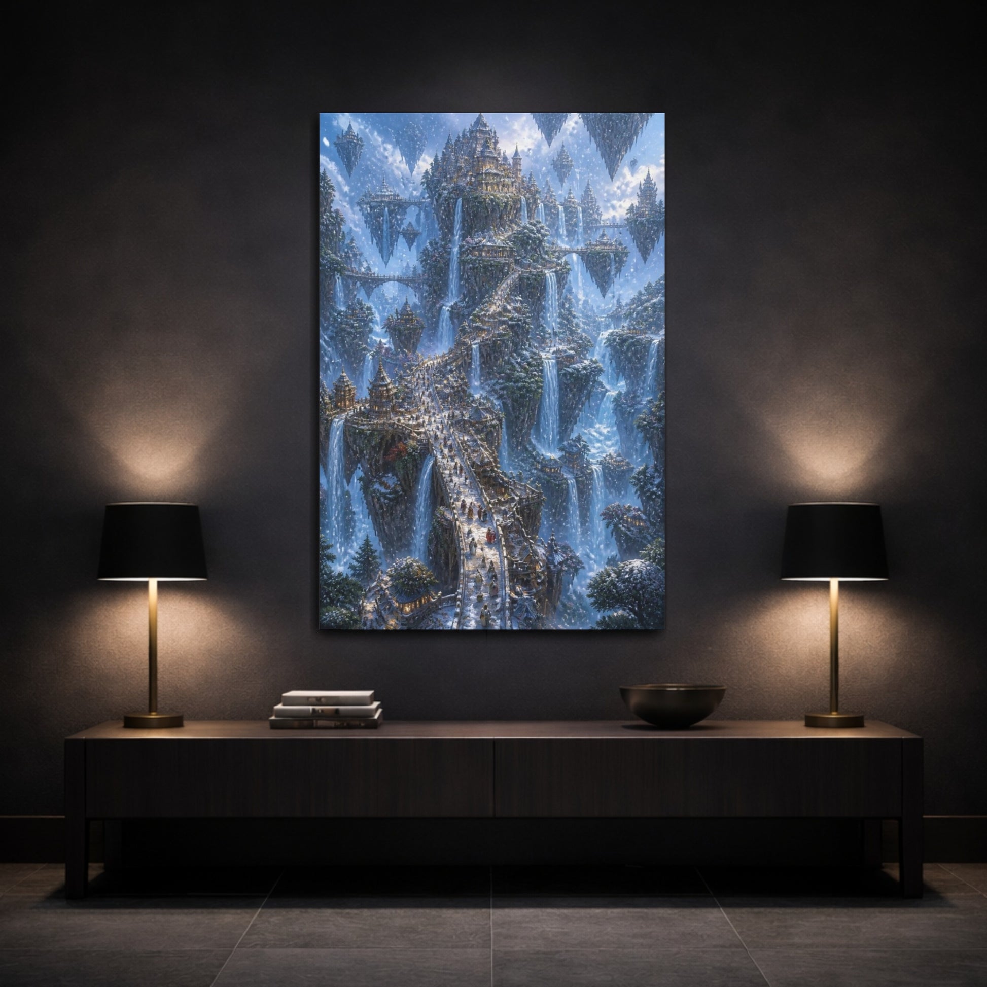 Mockup 3. Floating Waterfall City shown as canvas print