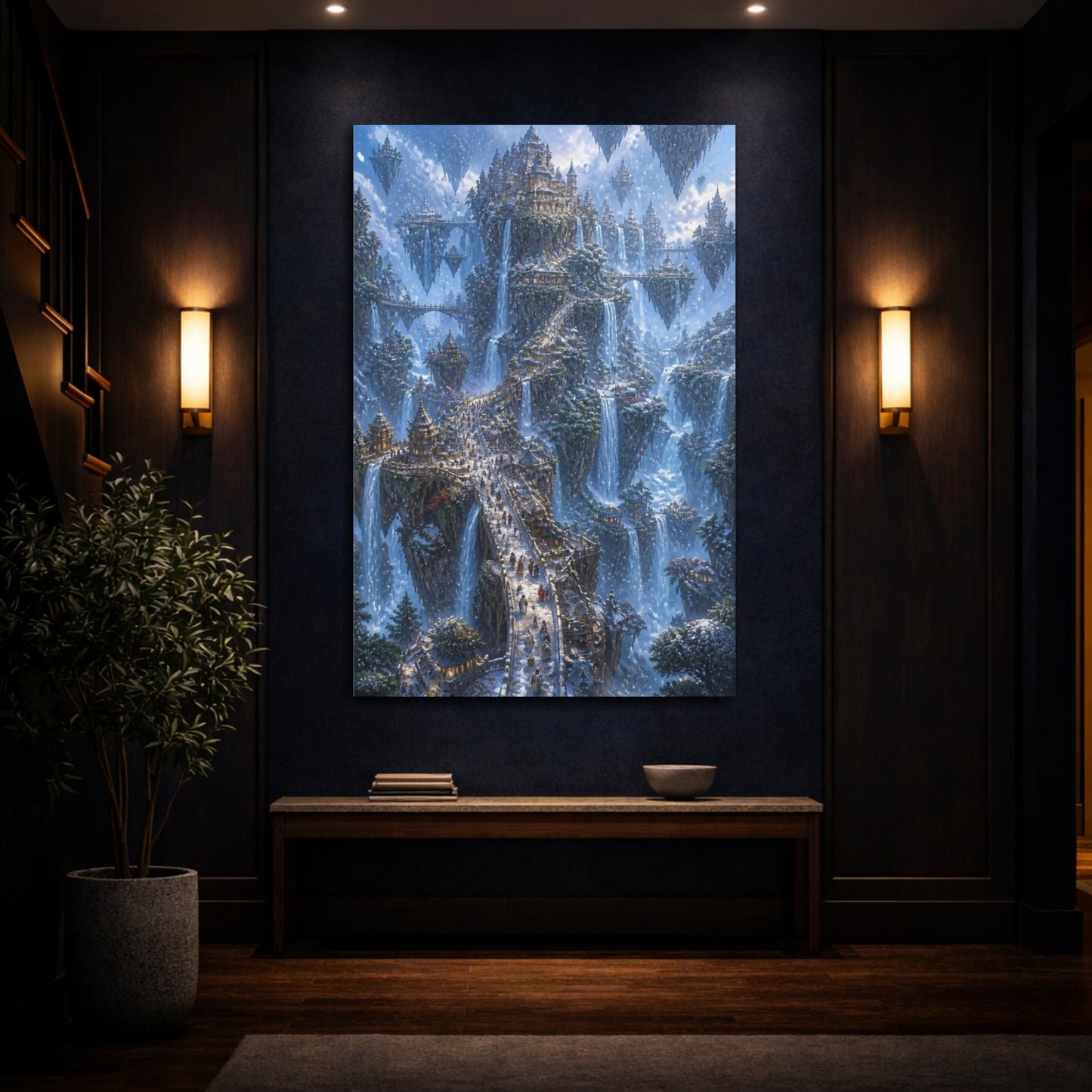 Mockup 4. Floating Waterfall City shown as canvas print