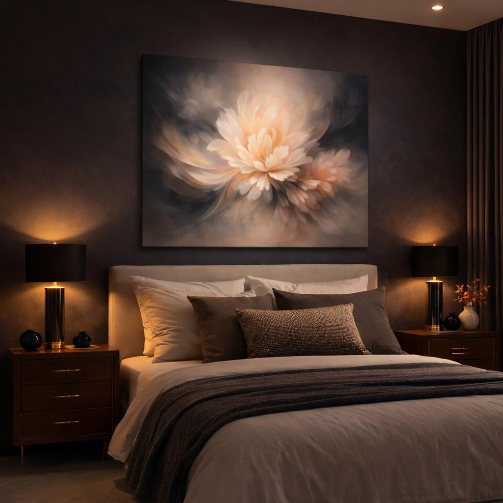 Floral Abstract Flow shown as canvas wall art in a luxury bedroom