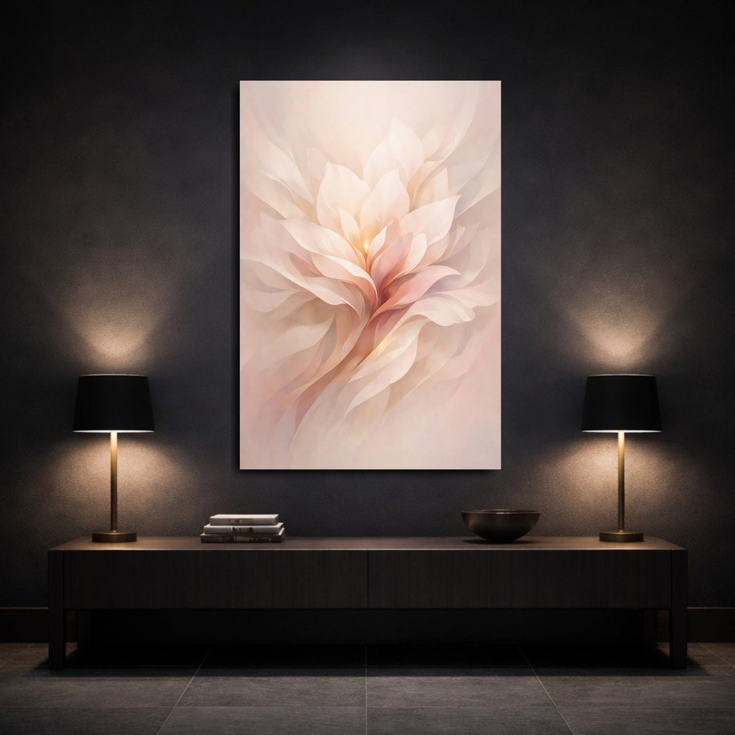 Mockup 2. Floral Abstract Flower Soft Pink Flower shown as stretched canvas wall art