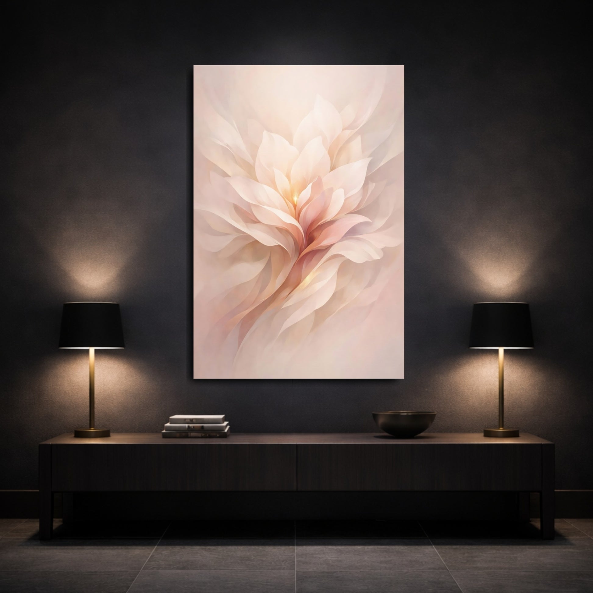 Mockup 2. Floral Abstract Flower Soft Pink Flower shown as stretched canvas wall art