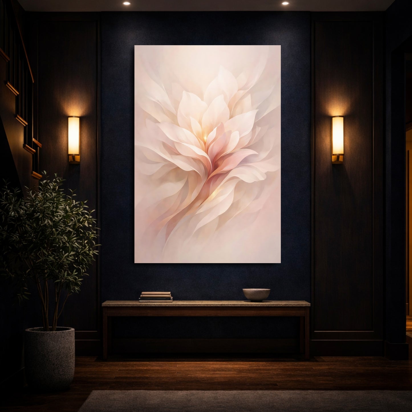 Mockup 3. Floral Abstract Flower Soft Pink Flower shown as stretched canvas wall art