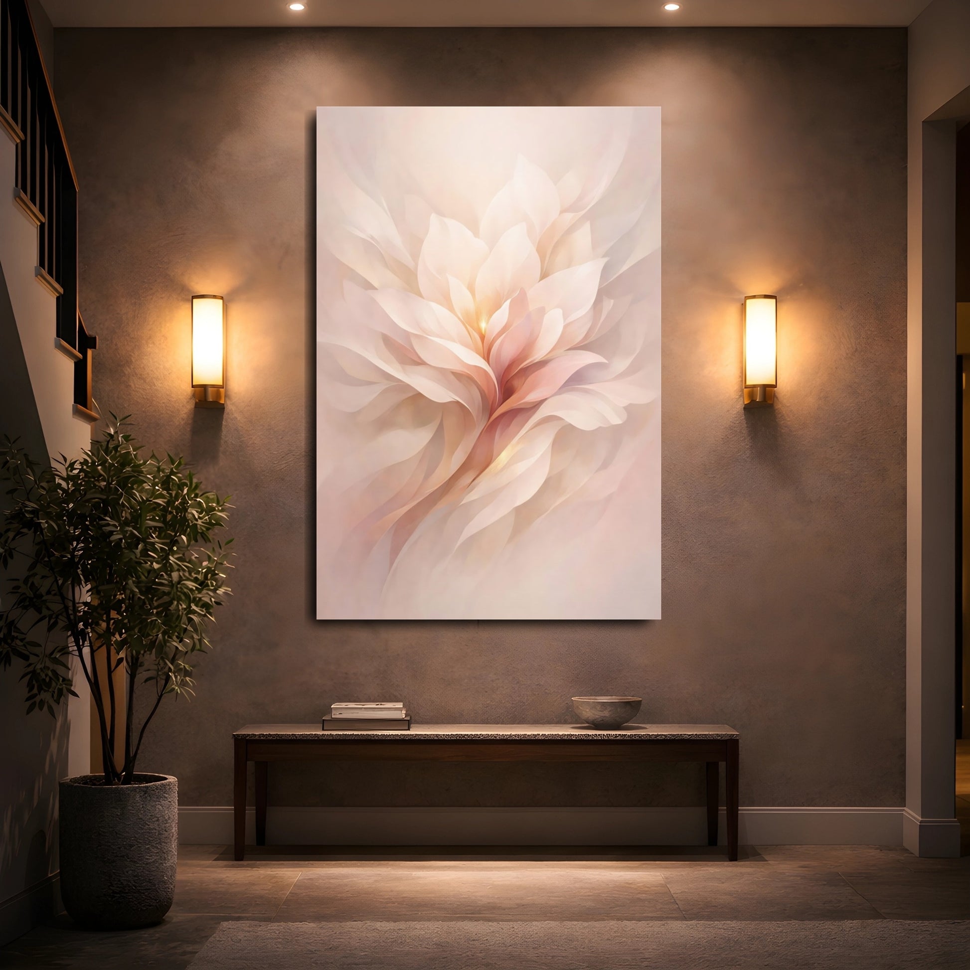 Mockup 4. Floral Abstract Flower Soft Pink Flower shown as stretched canvas wall art