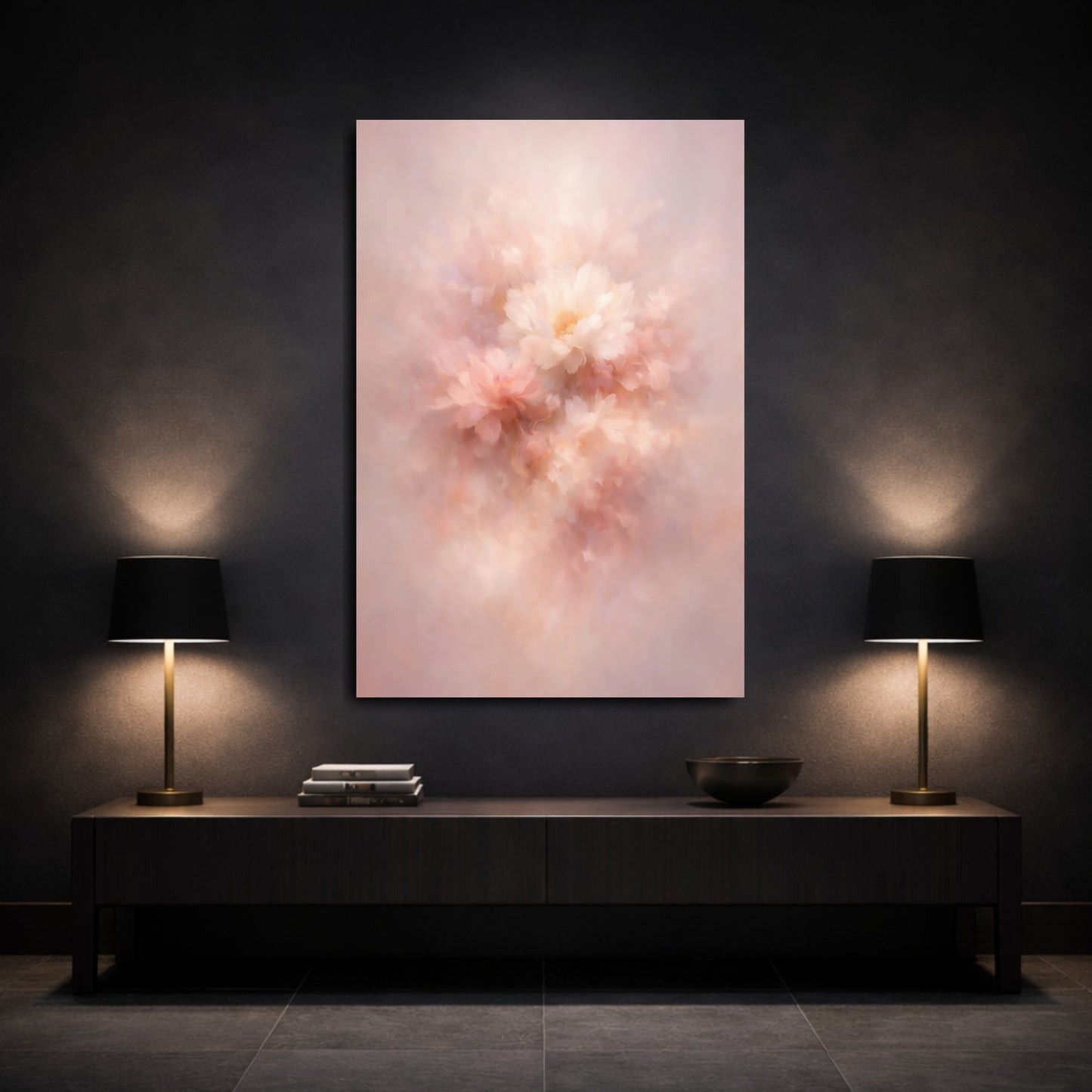 Mockup 2. Floral Abstract Flowers Blush Floral Art shown as stretched canvas wall art