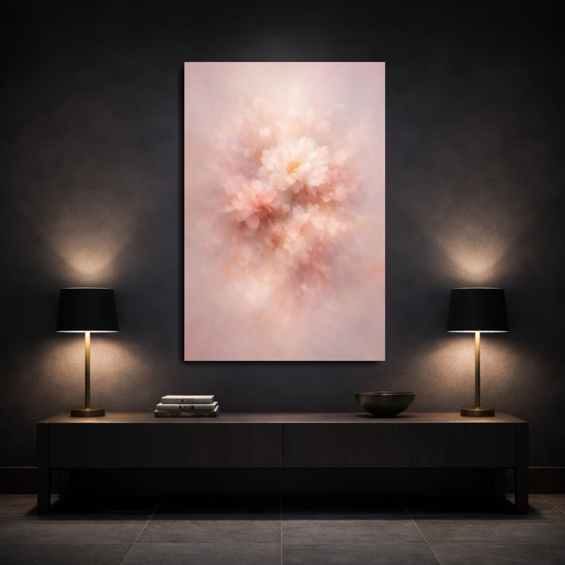Mockup 2. Floral Abstract Flowers Blush Floral Art shown as stretched canvas wall art
