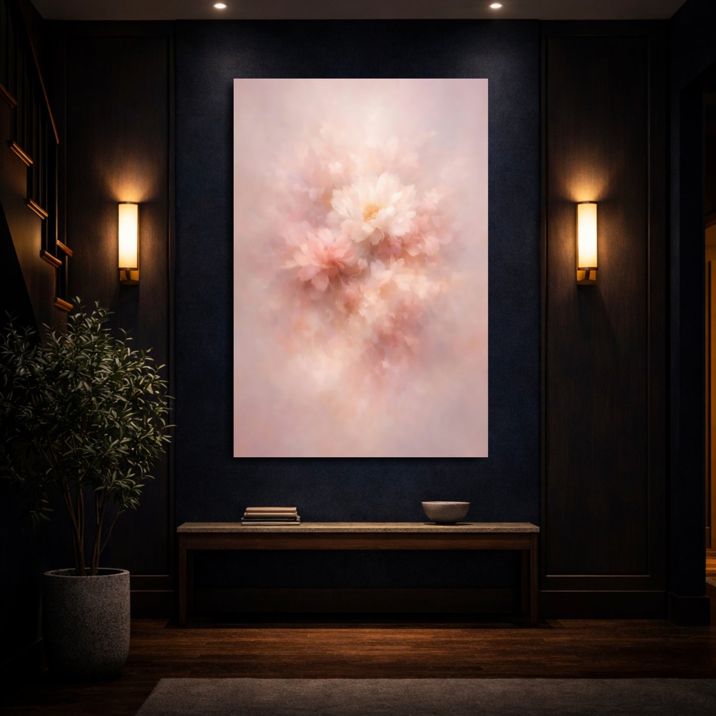 Mockup 3. Floral Abstract Flowers Blush Floral Art shown as stretched canvas wall art