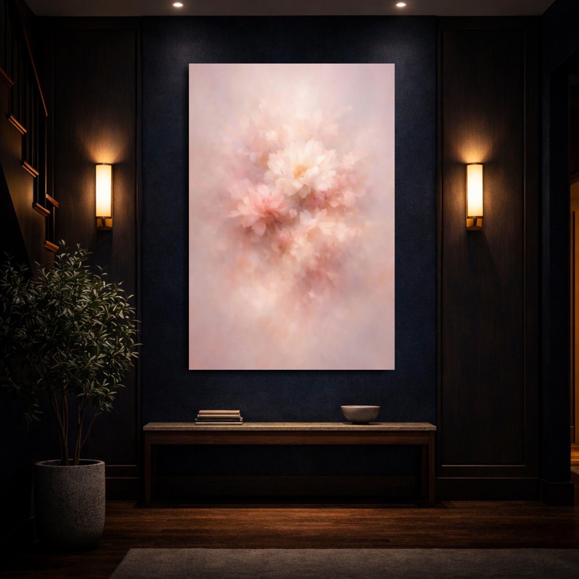 Mockup 3. Floral Abstract Flowers Blush Floral Art shown as stretched canvas wall art