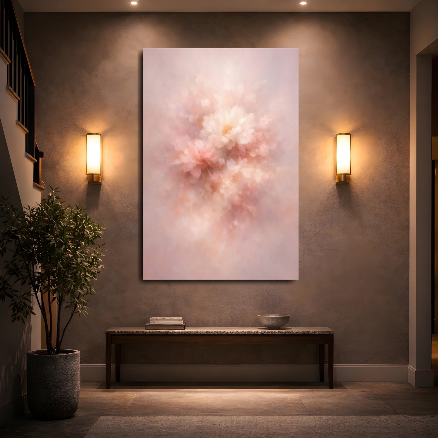 Mockup 4. Floral Abstract Flowers Blush Floral Art shown as stretched canvas wall art