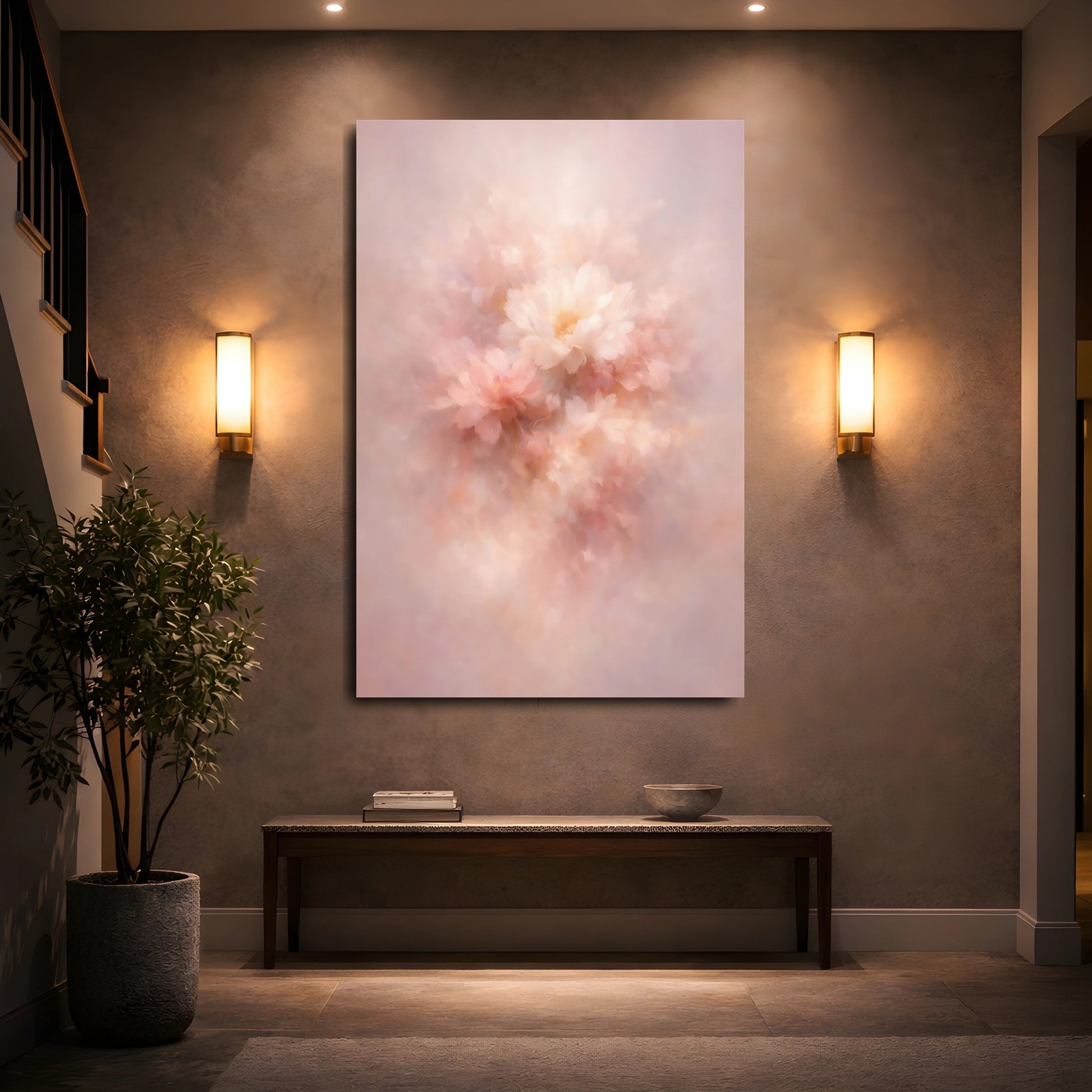 Mockup 4. Floral Abstract Flowers Blush Floral Art shown as stretched canvas wall art