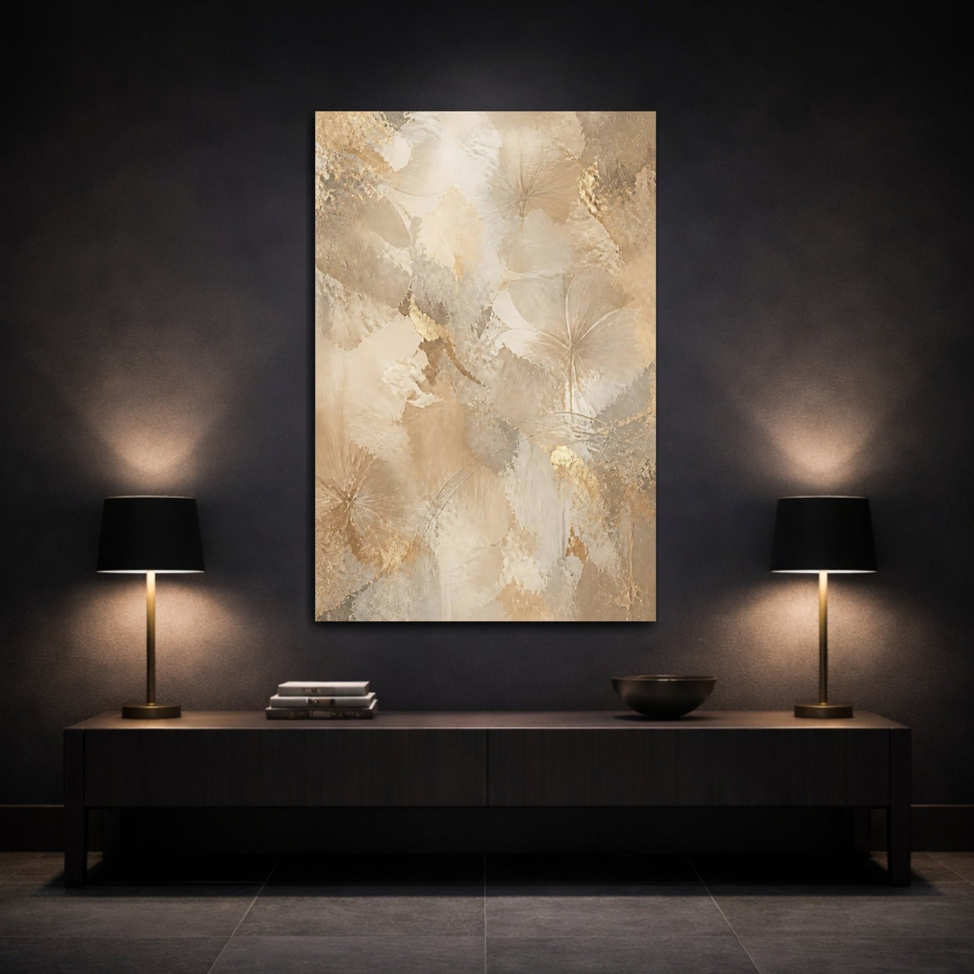 Floral Abstract Flowers Gold And Beige Canvas Print – Living Room, Above Sofa - YesArtYes