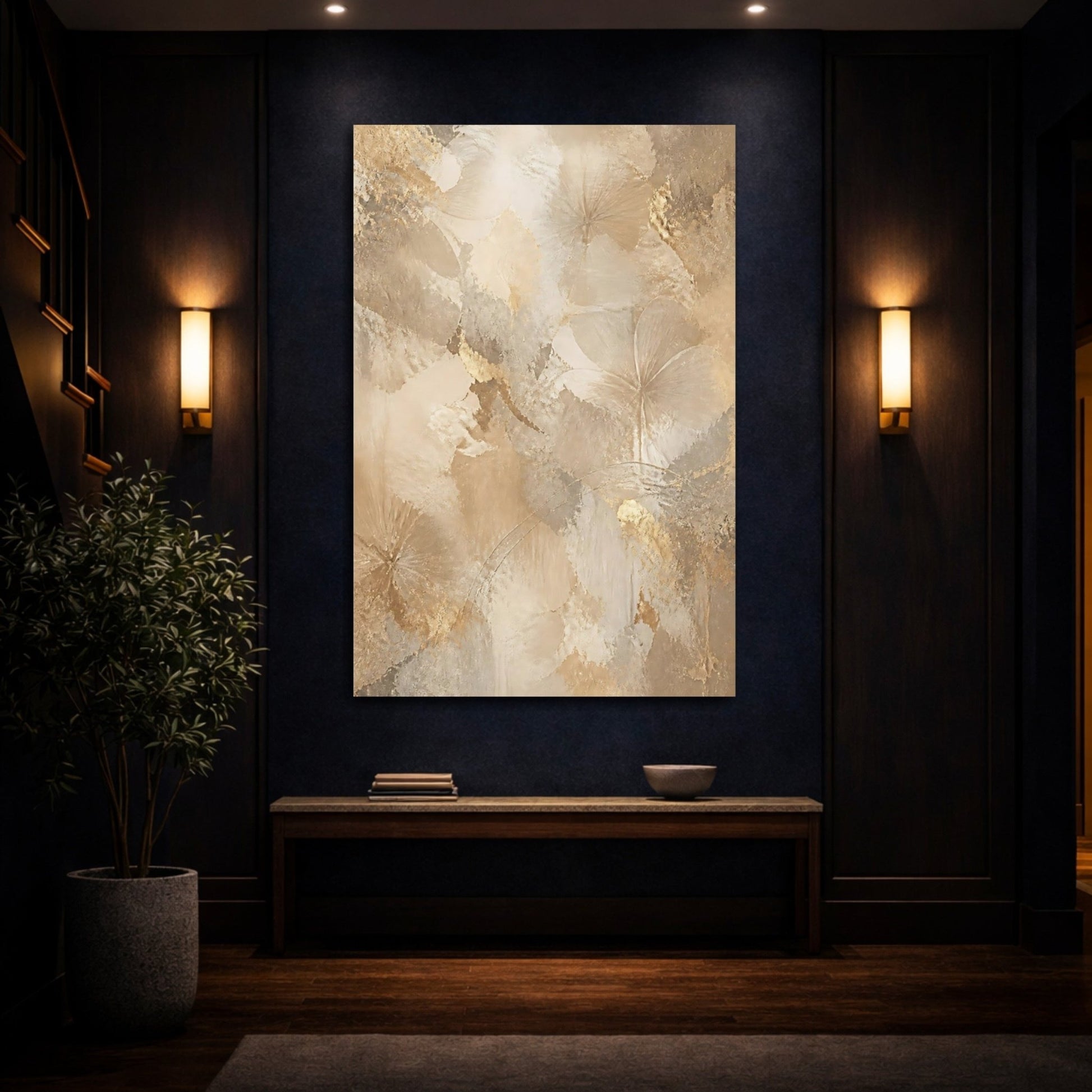 Floral Abstract Flowers Gold And Beige Canvas Print – Living Room, Above Sofa - YesArtYes