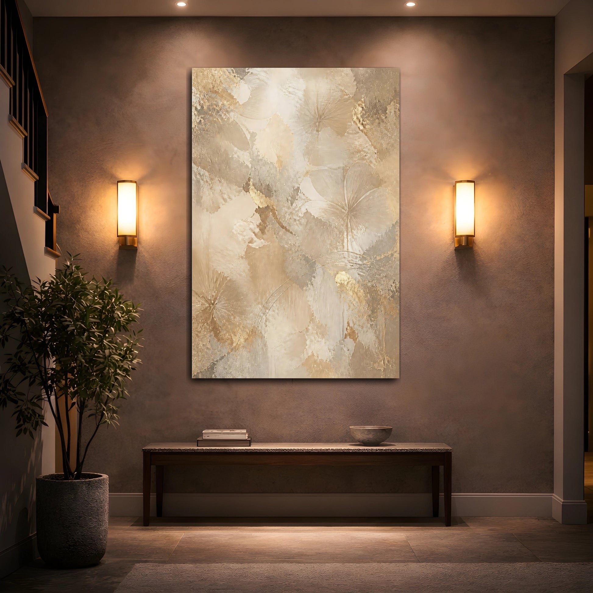 Mockup 2. Floral Abstract Flowers Gold And Beige shown as stretched canvas wall art