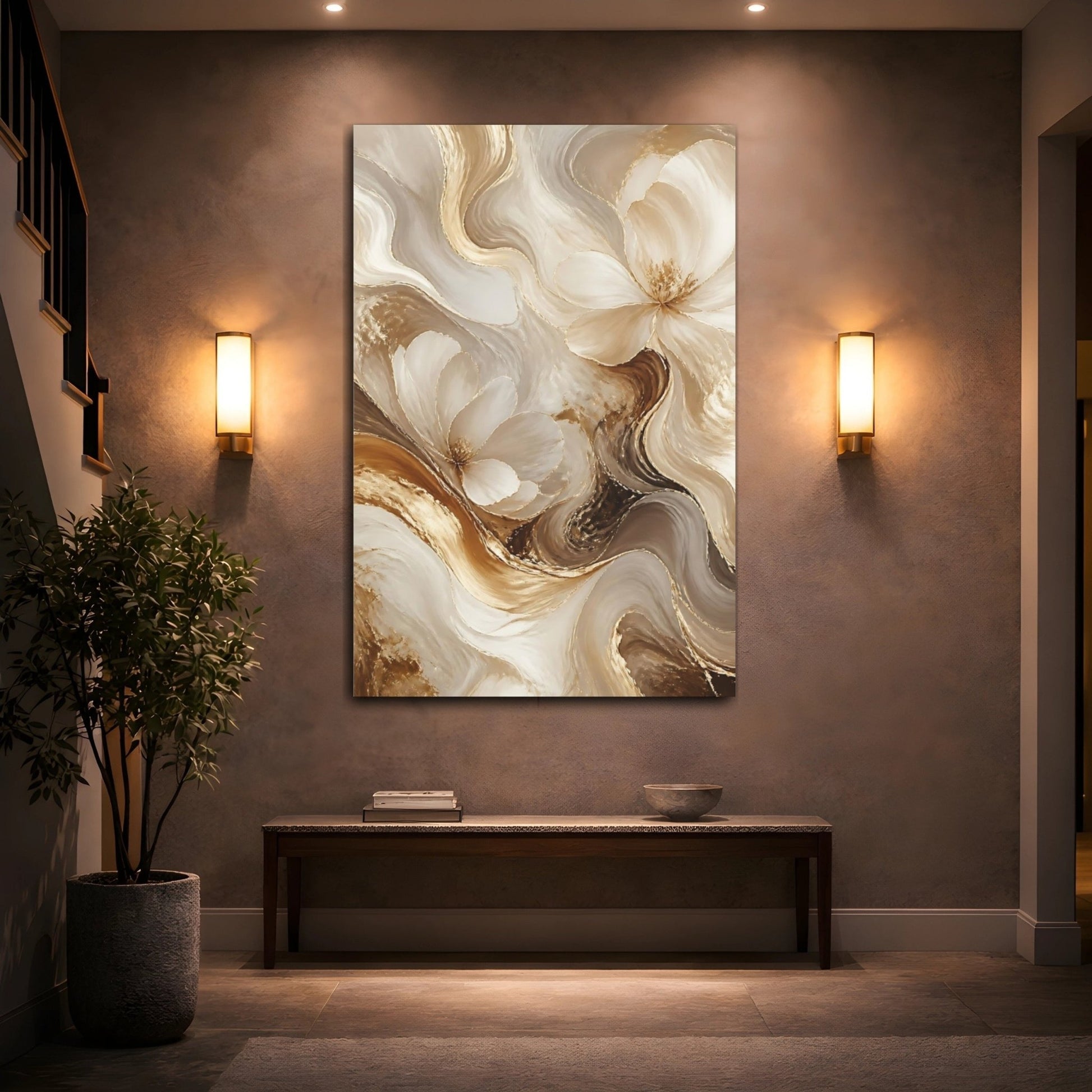 Floral Abstract Flowers Gold And White Canvas Wall Art Print – Living Room Decor, Large - YesArtYes