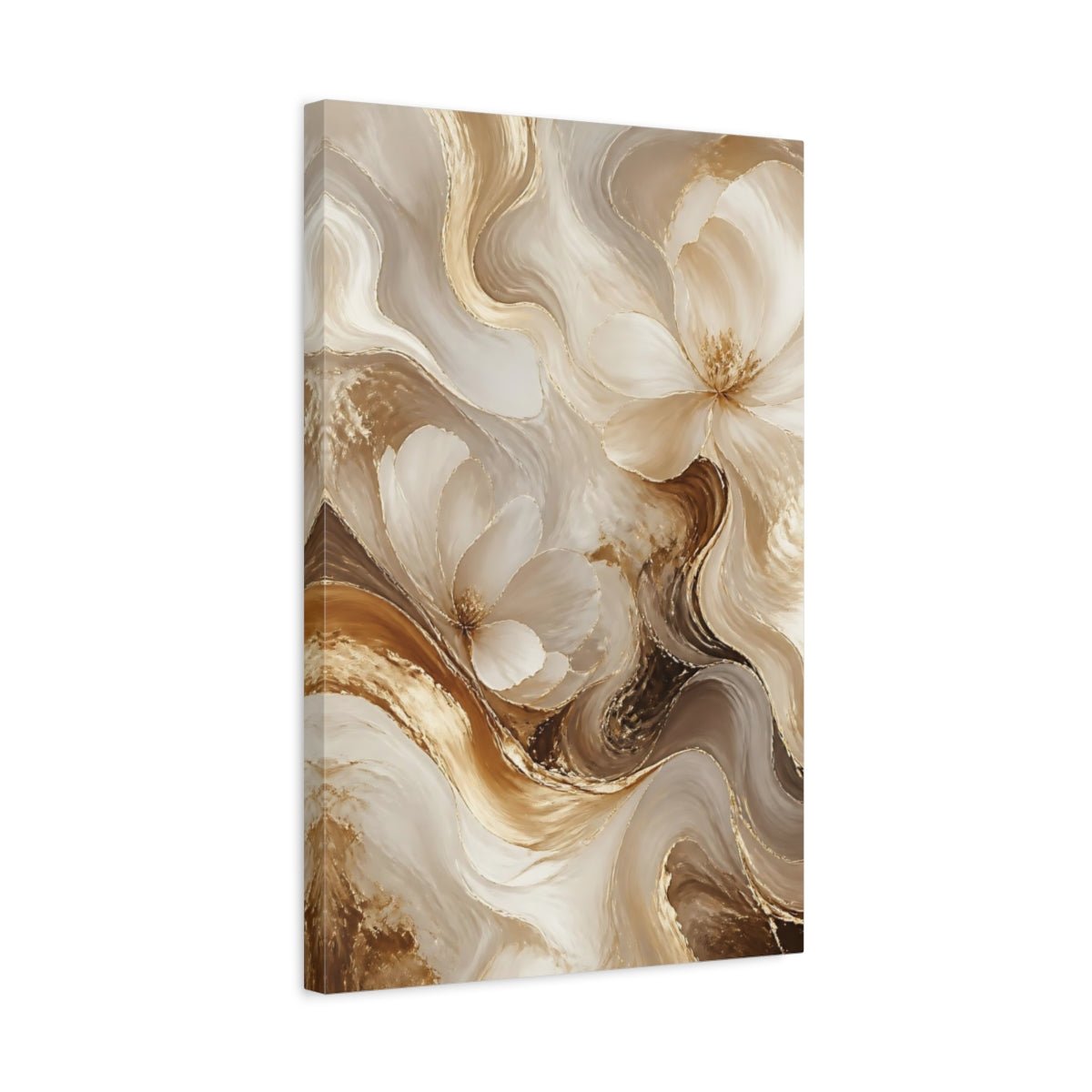 Floral Abstract Flowers Gold And White Canvas Wall Art Print – Living Room Decor, Large - YesArtYes