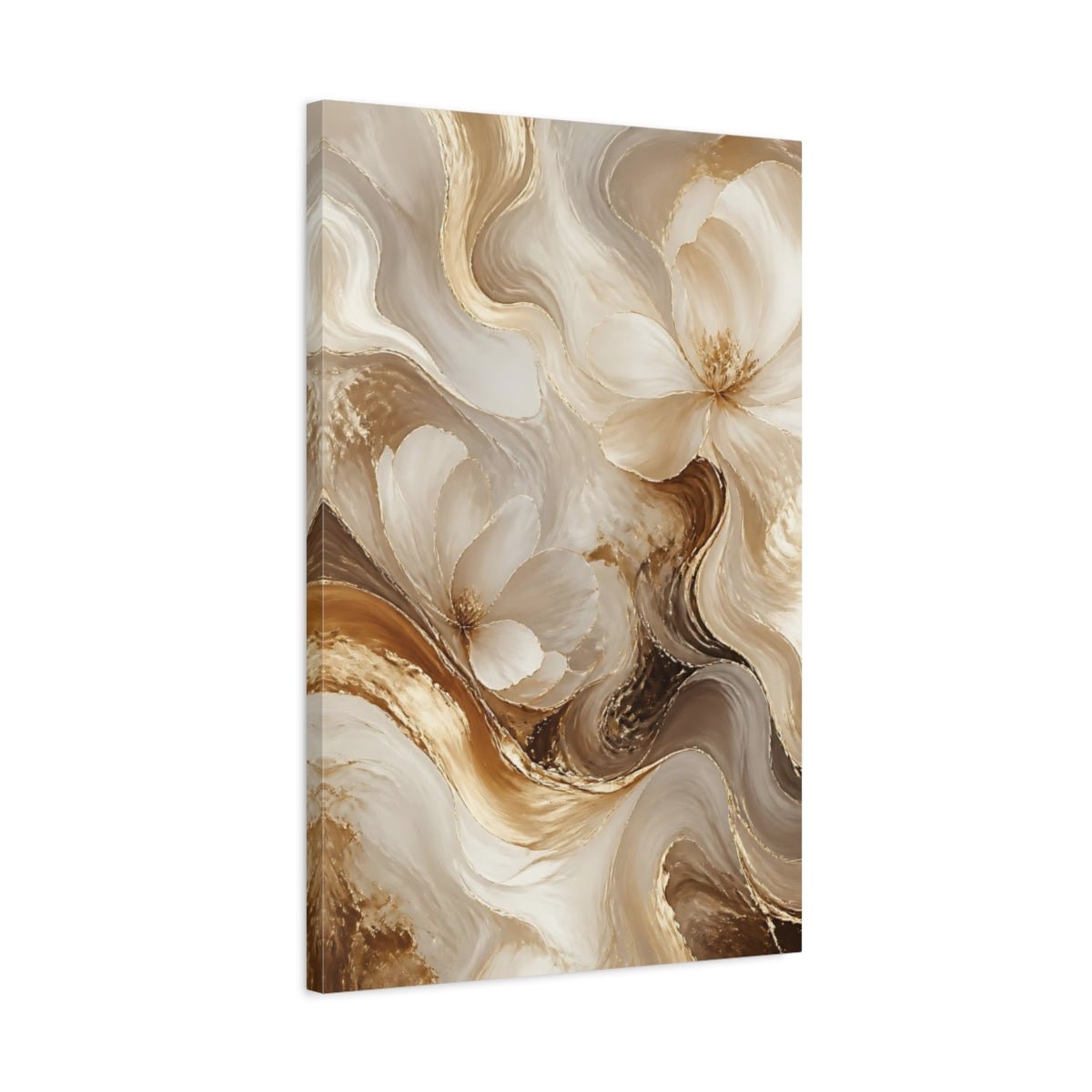 Floral Abstract Flowers Gold And White Canvas Wall Art Print – Living Room Decor, Large - YesArtYes