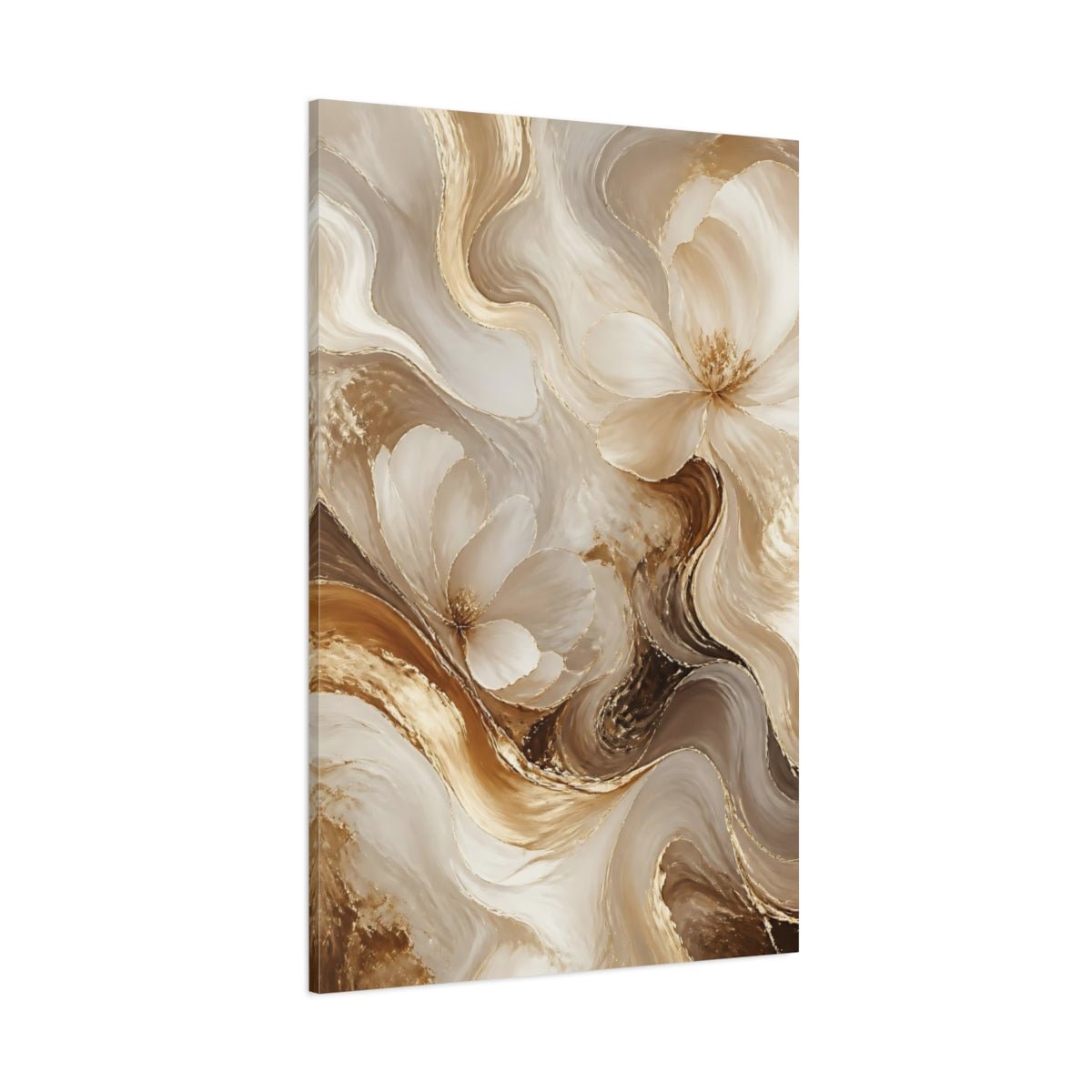 Floral Abstract Flowers Gold And White Canvas Wall Art Print – Living Room Decor, Large - YesArtYes