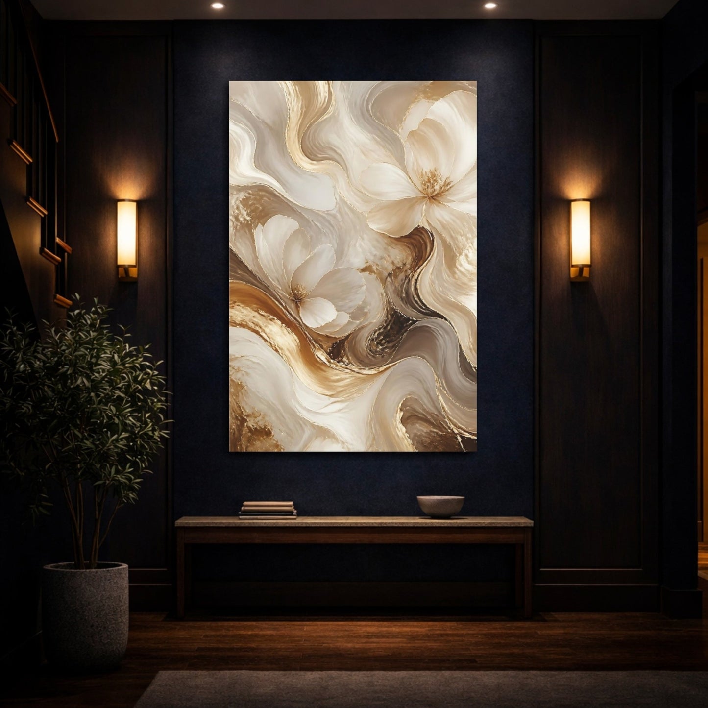 Floral Abstract Flowers Gold And White Canvas Wall Art Print – Living Room Decor, Large - YesArtYes