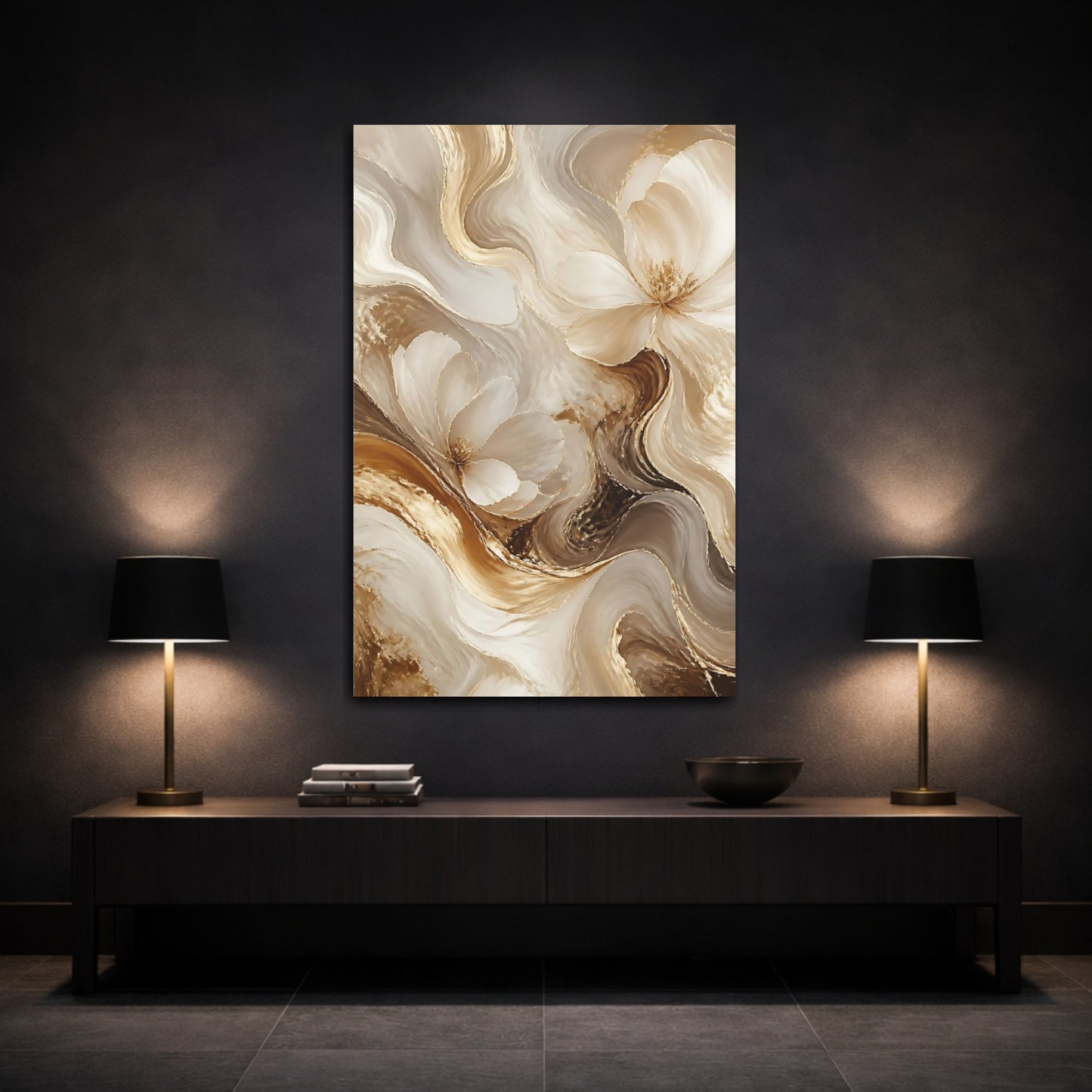 Mockup 3. Floral Abstract Flowers Gold And White Floral shown as stretched canvas wall art