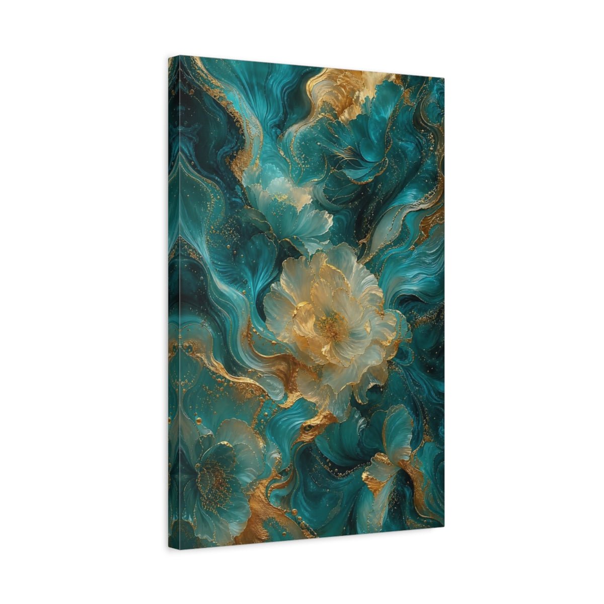 Floral Abstract Flowers Teal And Gold Canvas Print – Decor for Living Room, Above Couch - YesArtYes