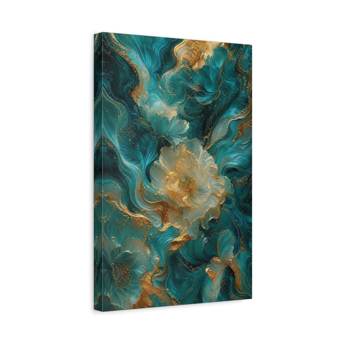 Floral Abstract Flowers Teal And Gold Canvas Print – Decor for Living Room, Above Couch - YesArtYes