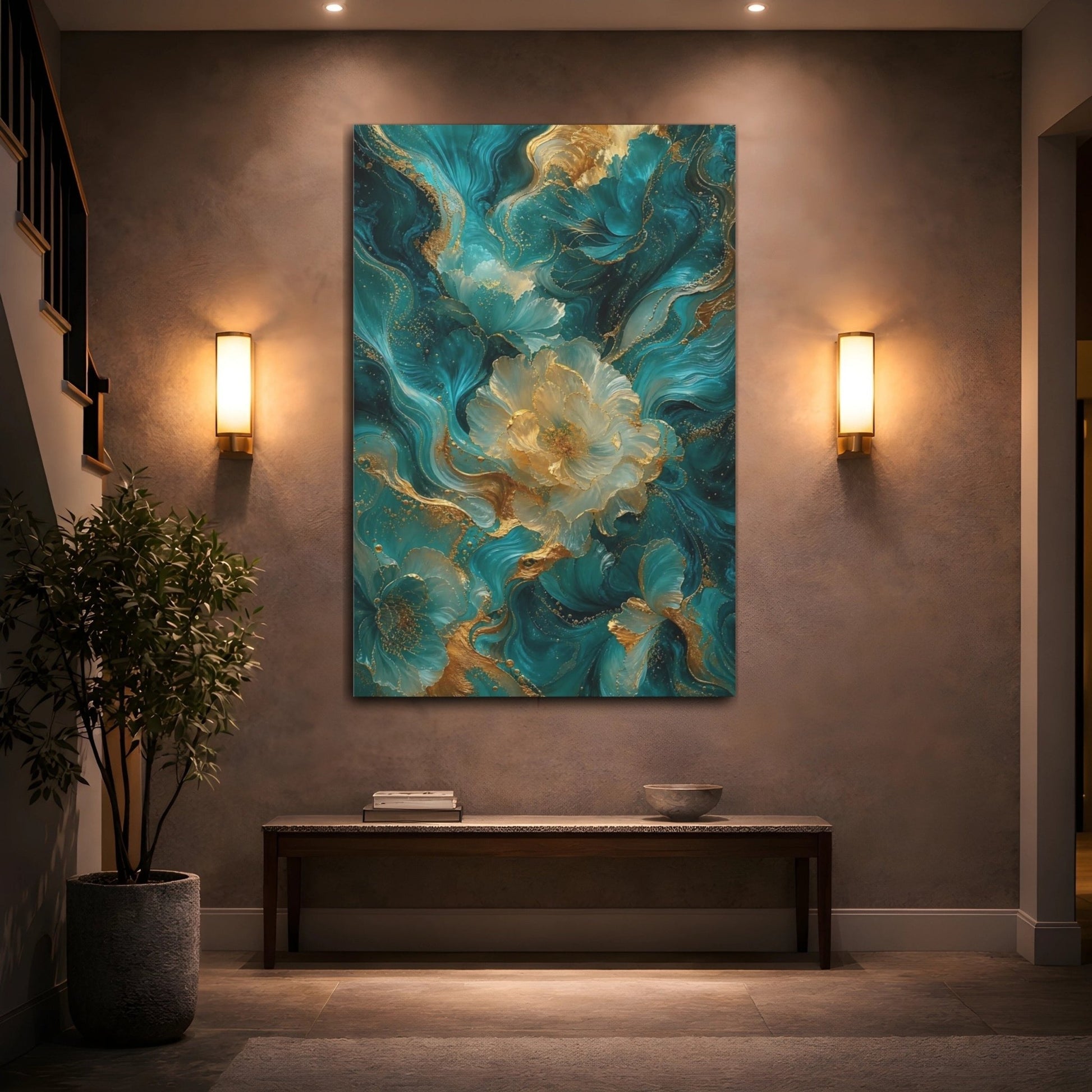 Floral Abstract Flowers Teal And Gold Canvas Print – Decor for Living Room, Above Couch - YesArtYes