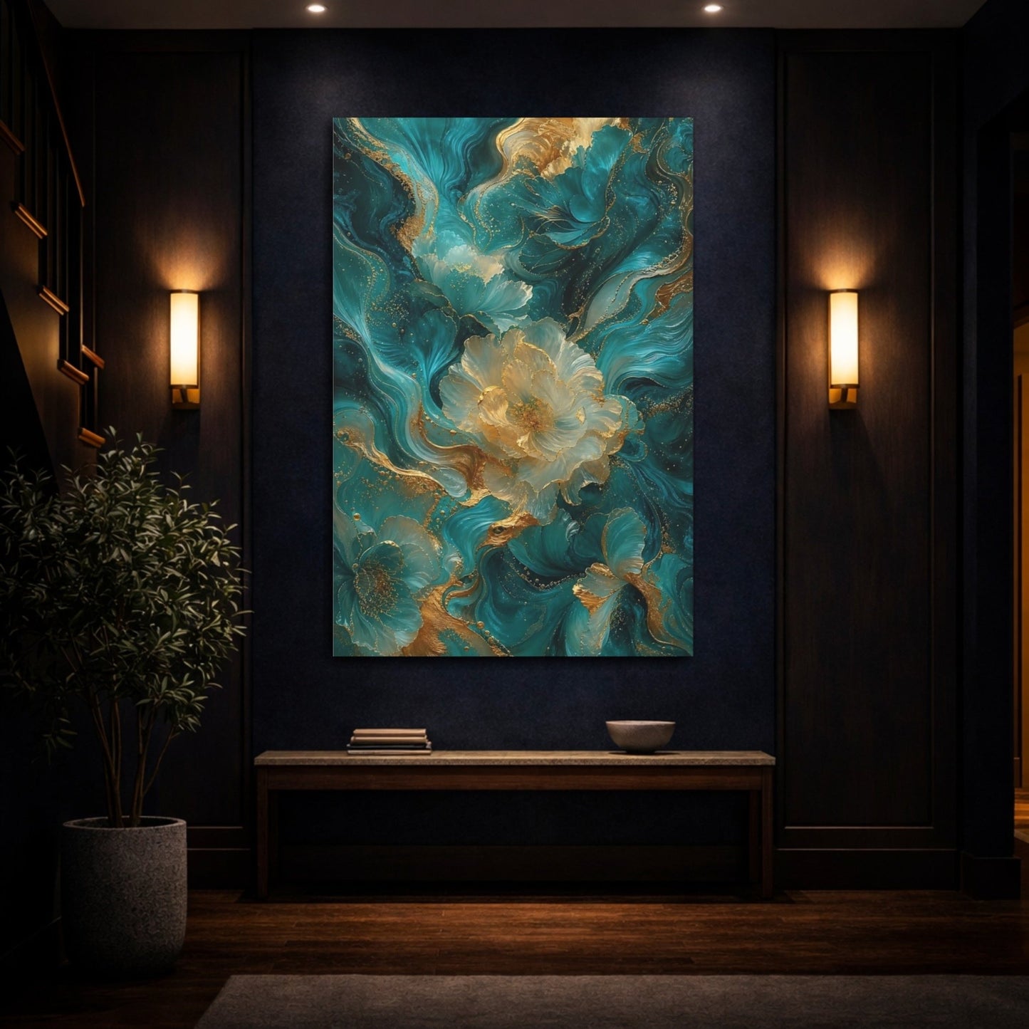 Floral Abstract Flowers Teal And Gold Canvas Print – Decor for Living Room, Above Couch - YesArtYes