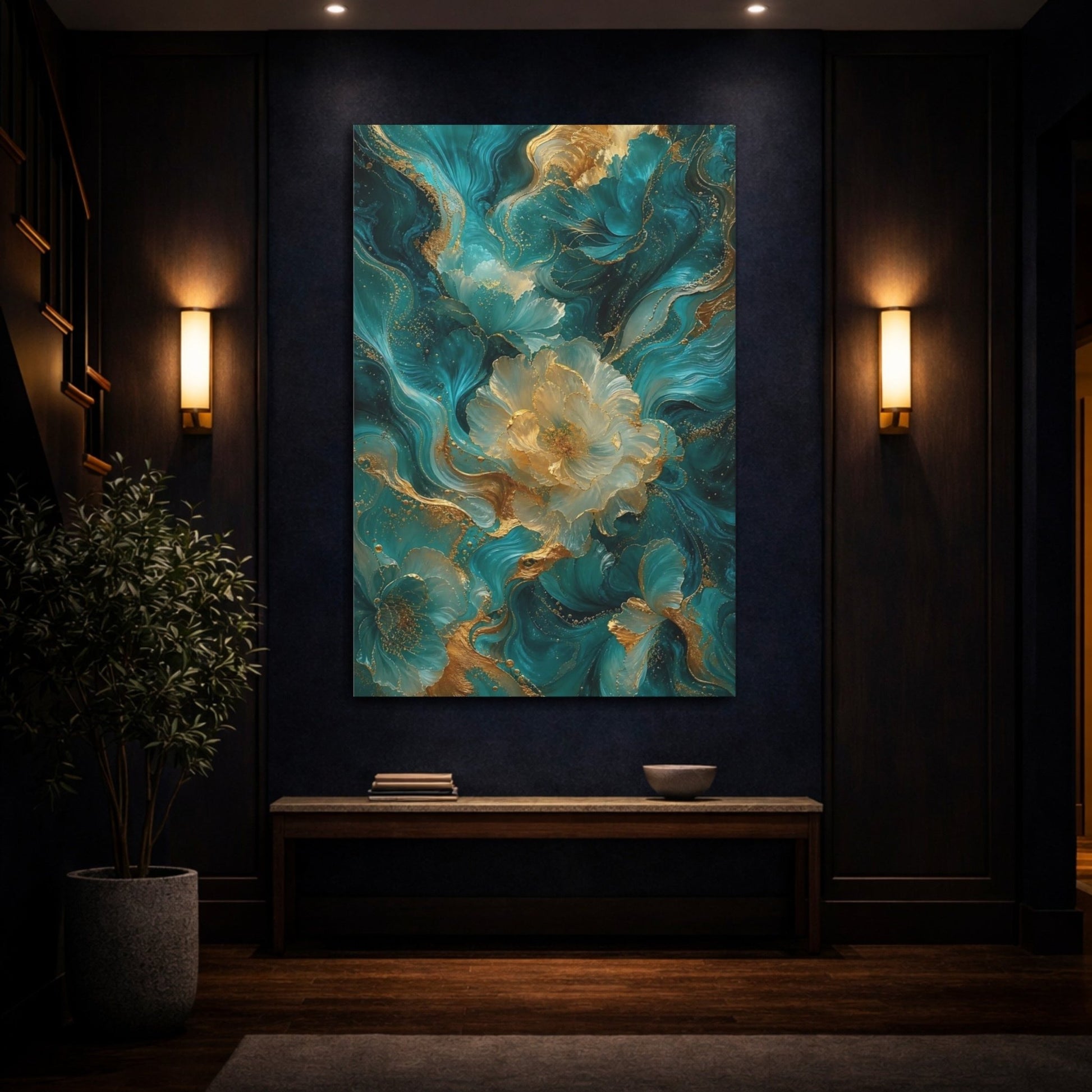 Floral Abstract Flowers Teal And Gold Canvas Print – Decor for Living Room, Above Couch - YesArtYes