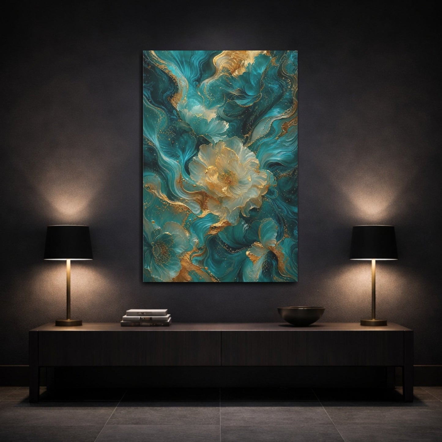 Floral Abstract Flowers Teal And Gold Canvas Print – Decor for Living Room, Above Couch - YesArtYes