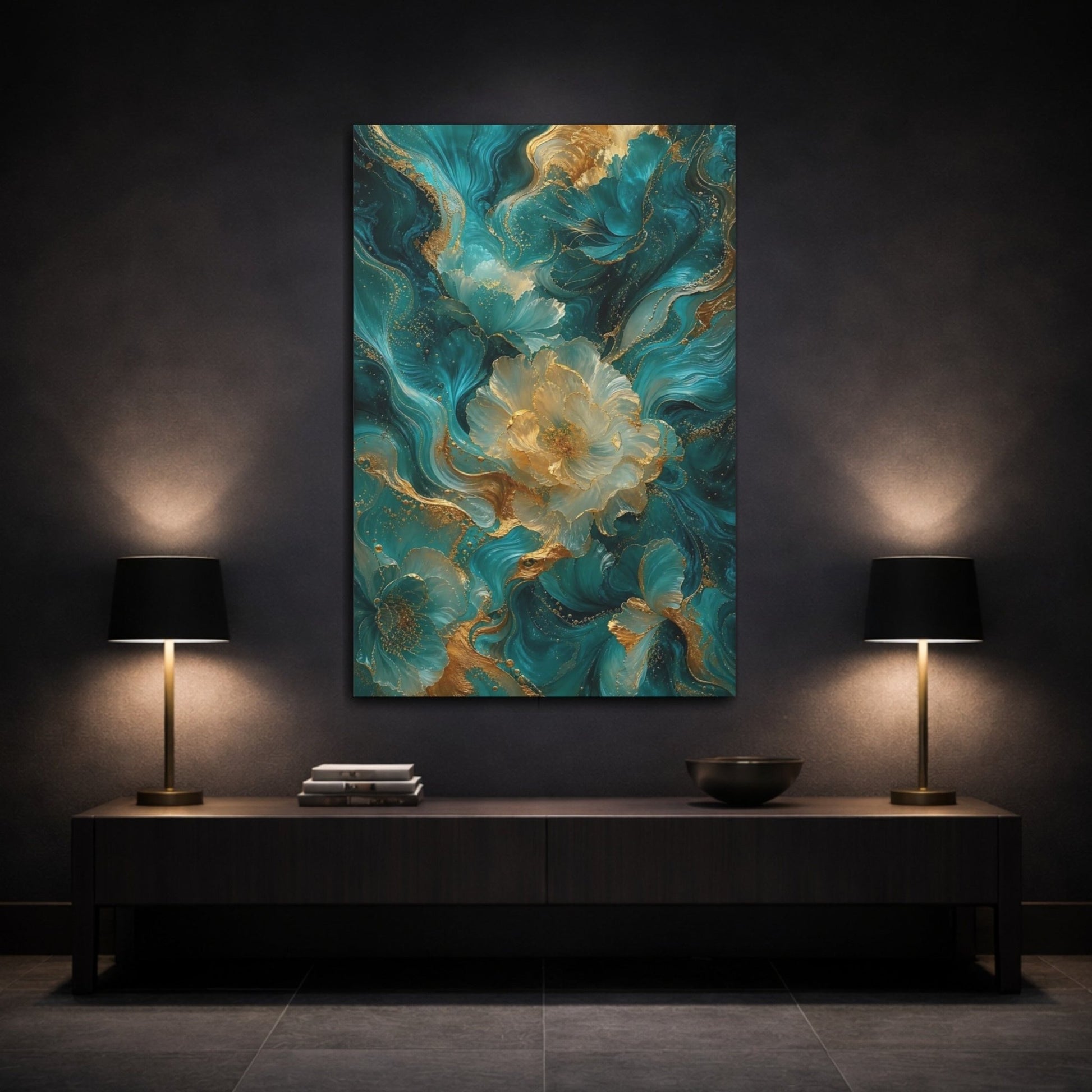Floral Abstract Flowers Teal And Gold Canvas Print – Decor for Living Room, Above Couch - YesArtYes
