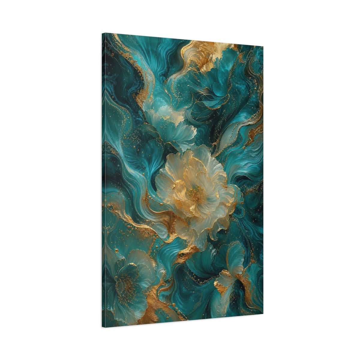 Floral Abstract Flowers Teal And Gold Canvas Print – Decor for Living Room, Above Couch - YesArtYes