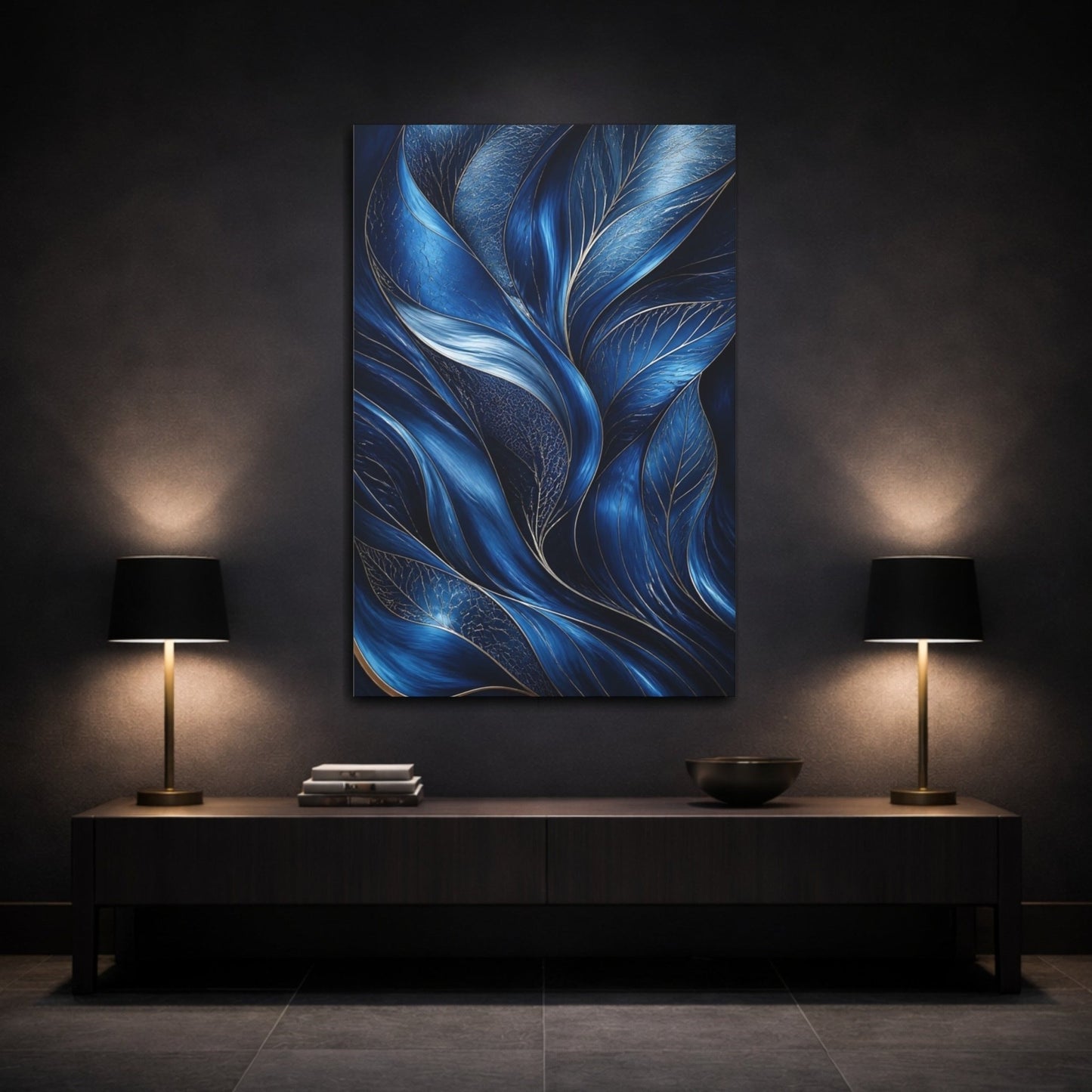 Floral Abstract Foliage Blue And Gold Canvas Print – Living Room, Above Couch, - YesArtYes